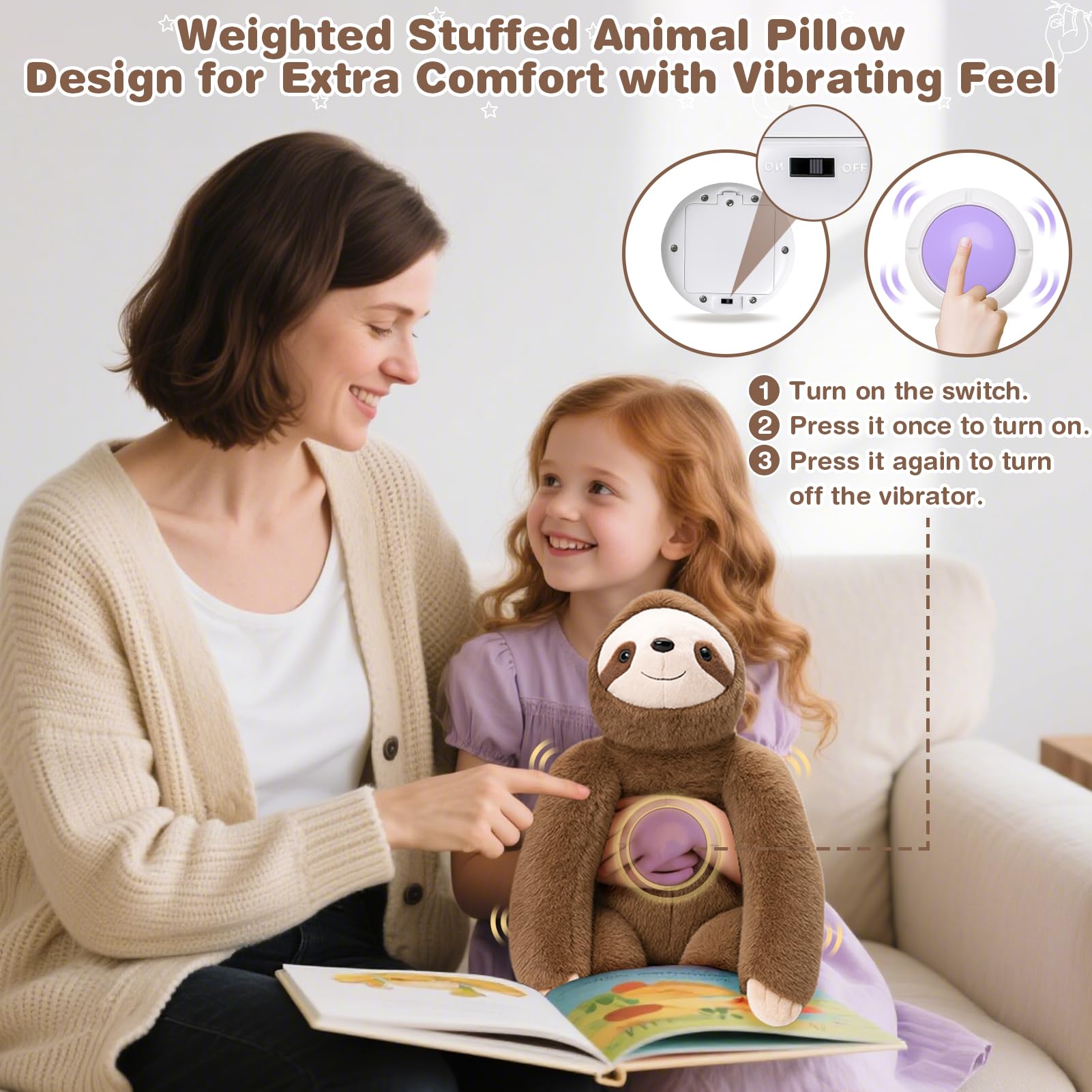 Joyreal Sloth Sensory Weighted Vibrating Pillow, Pressure Activated for Kids Adults, Plush Minky Soft Size: 11 by 21 inches Pillow Animal for Focus & Balance for Gift Birthday Autistic (Brown)