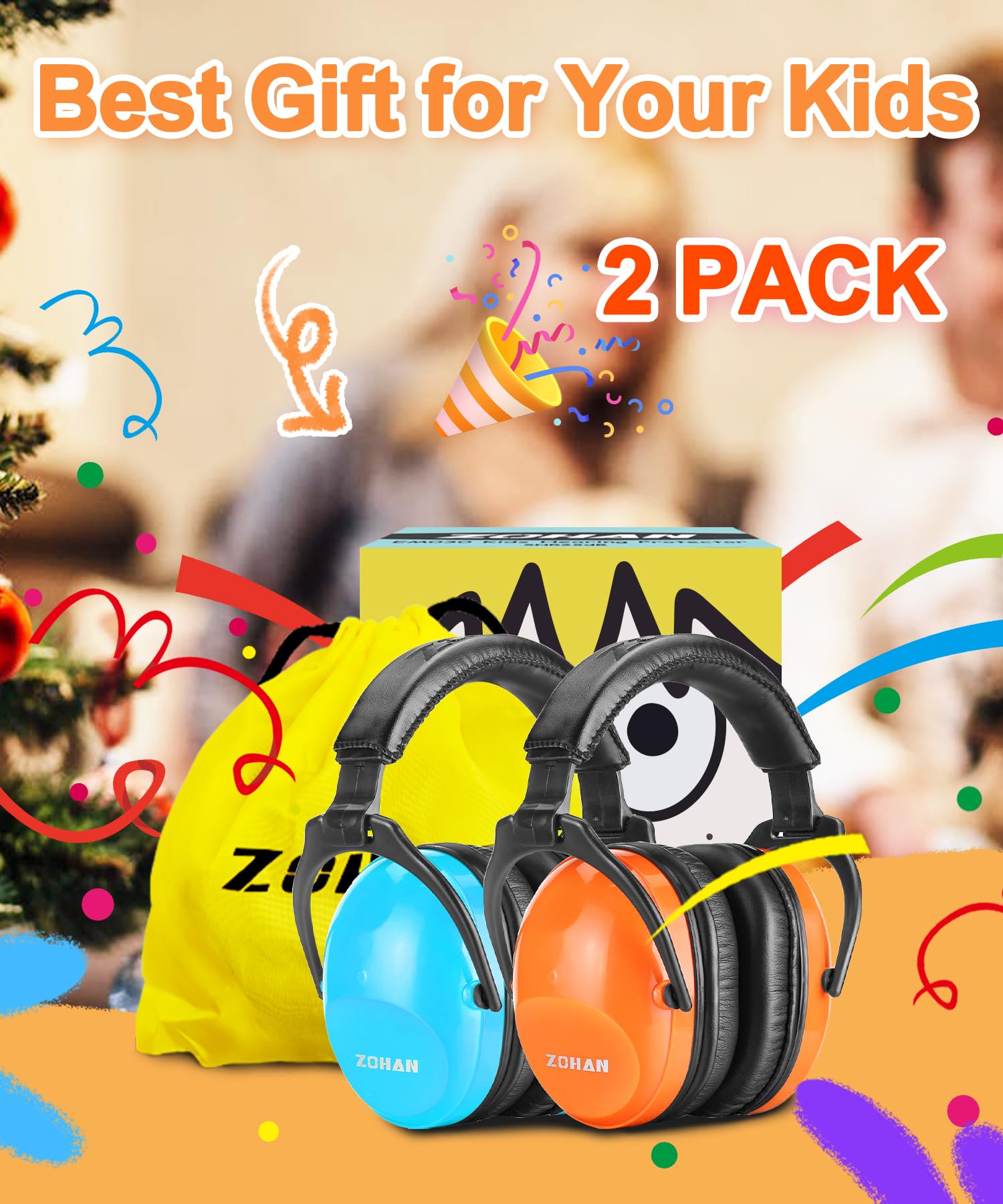 ZOHAN 030 Kids Ear Protection for Noise 2 Pack, Kids Noise Cancelling Headphones for Autism,Teen, NO Metal, 26dB (Blue+Orange)