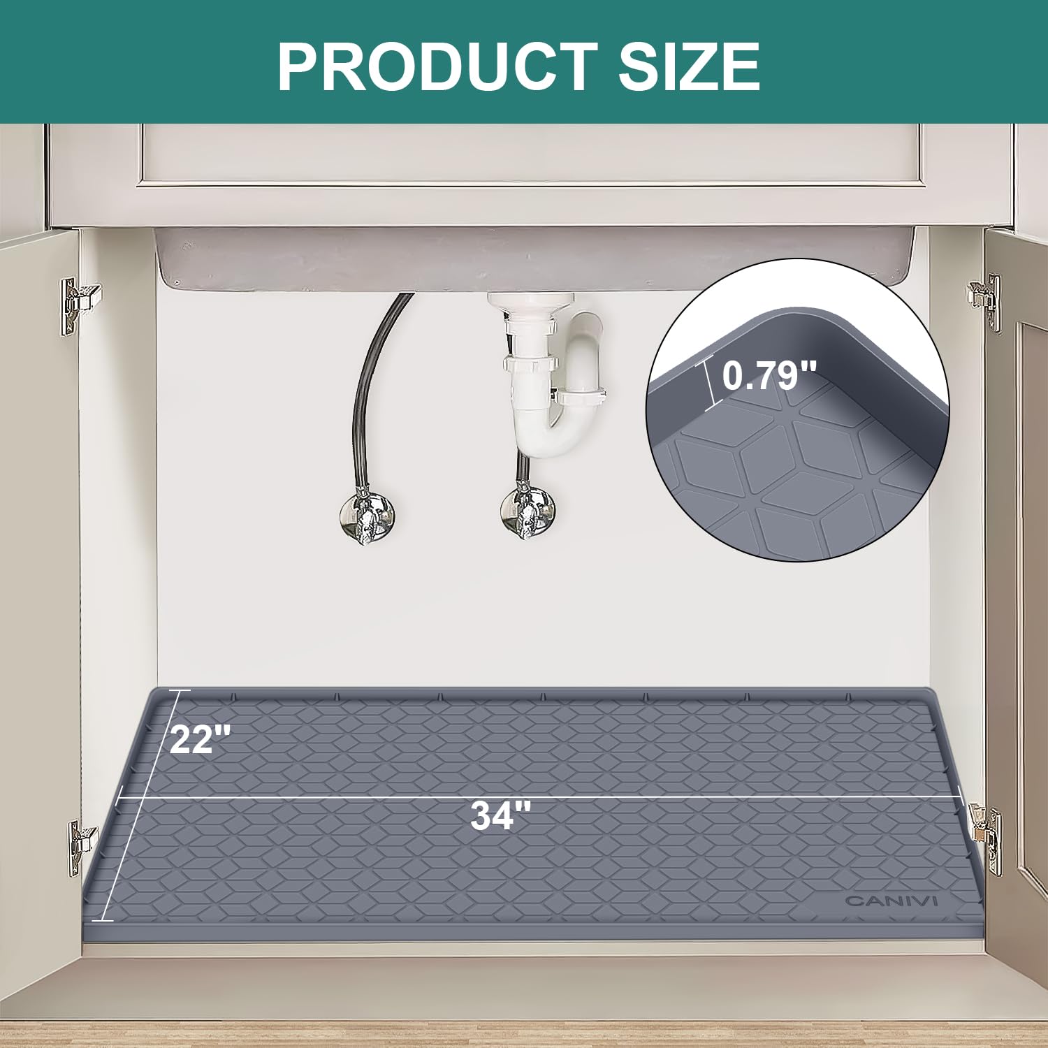 CANIVI Under Sink Mat, 34" x 22" Waterproof Silicone Under Sink Tray for Kitchen & Laundry Cabinets, Kitchen Cabinet Shelf Protector, Up to 3.3 Gallons Liquid, Fits 36 inch Standard Cabinet (Grey)