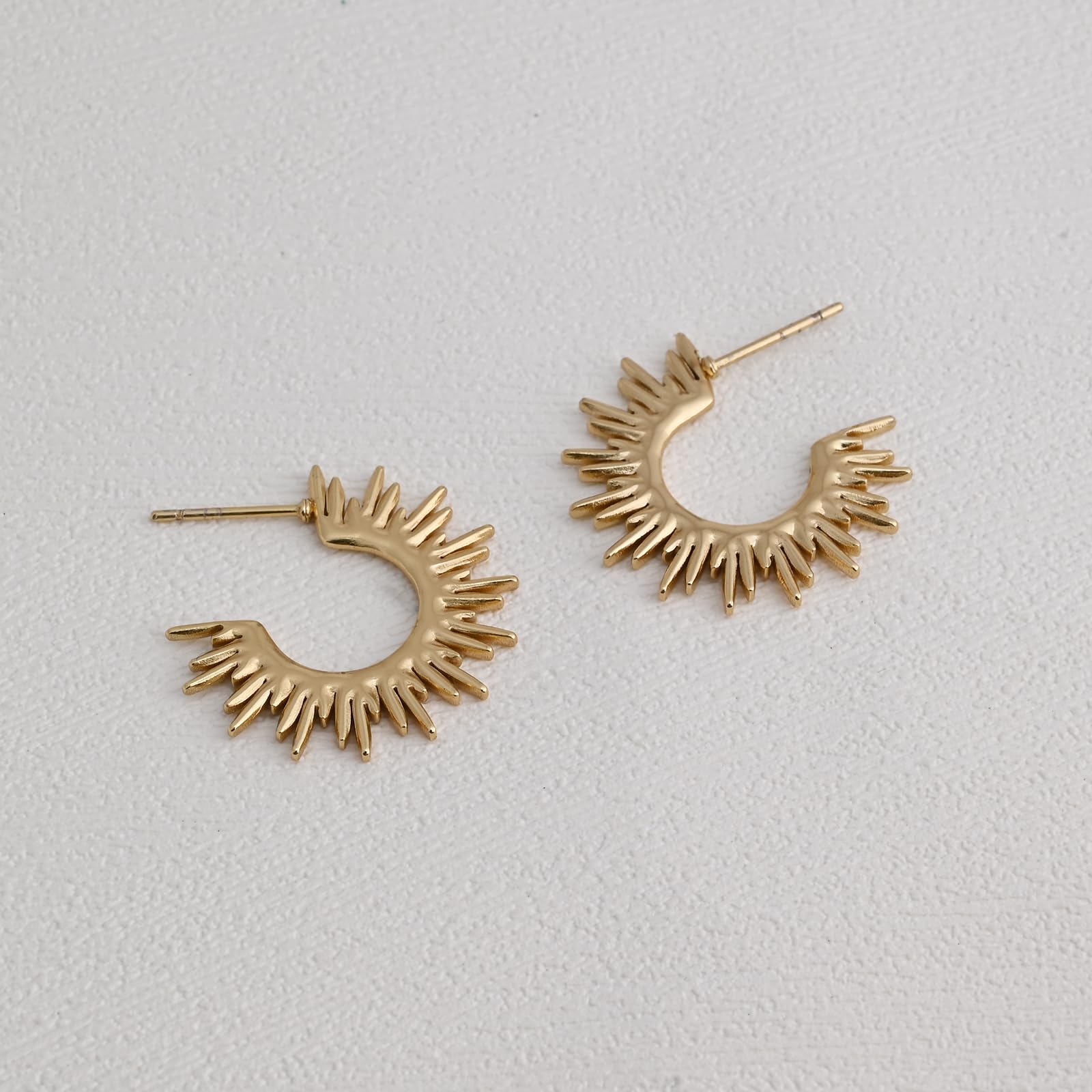 Gold Hoop Earrings for Women Small Gold Filled Earrings Spike Starburst Earrings C Shape Gold Sun Earrings Open for Gift