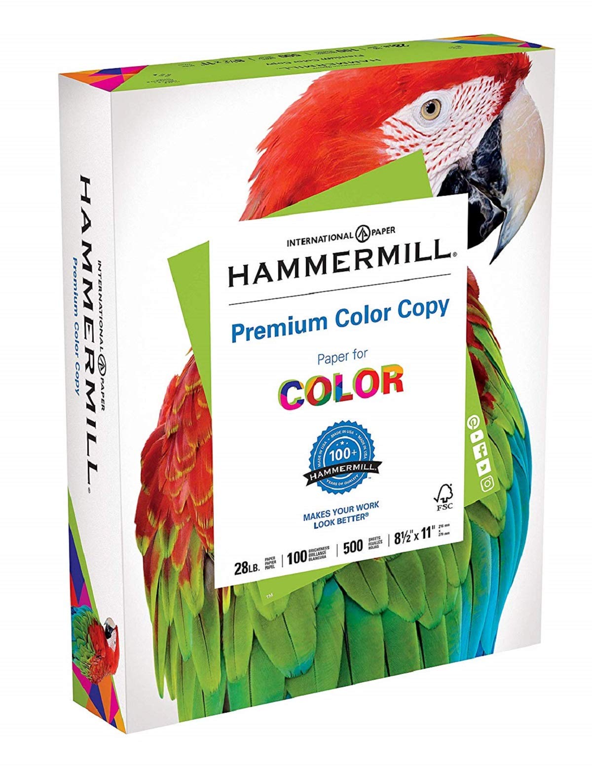 Hammermill Premium Color Copy Paper, 8.5 x 11 Letter Size, 28lb, 100 Bright, 1 Ream / 500 Sheets (102467R) Acid Free - 2 Pack