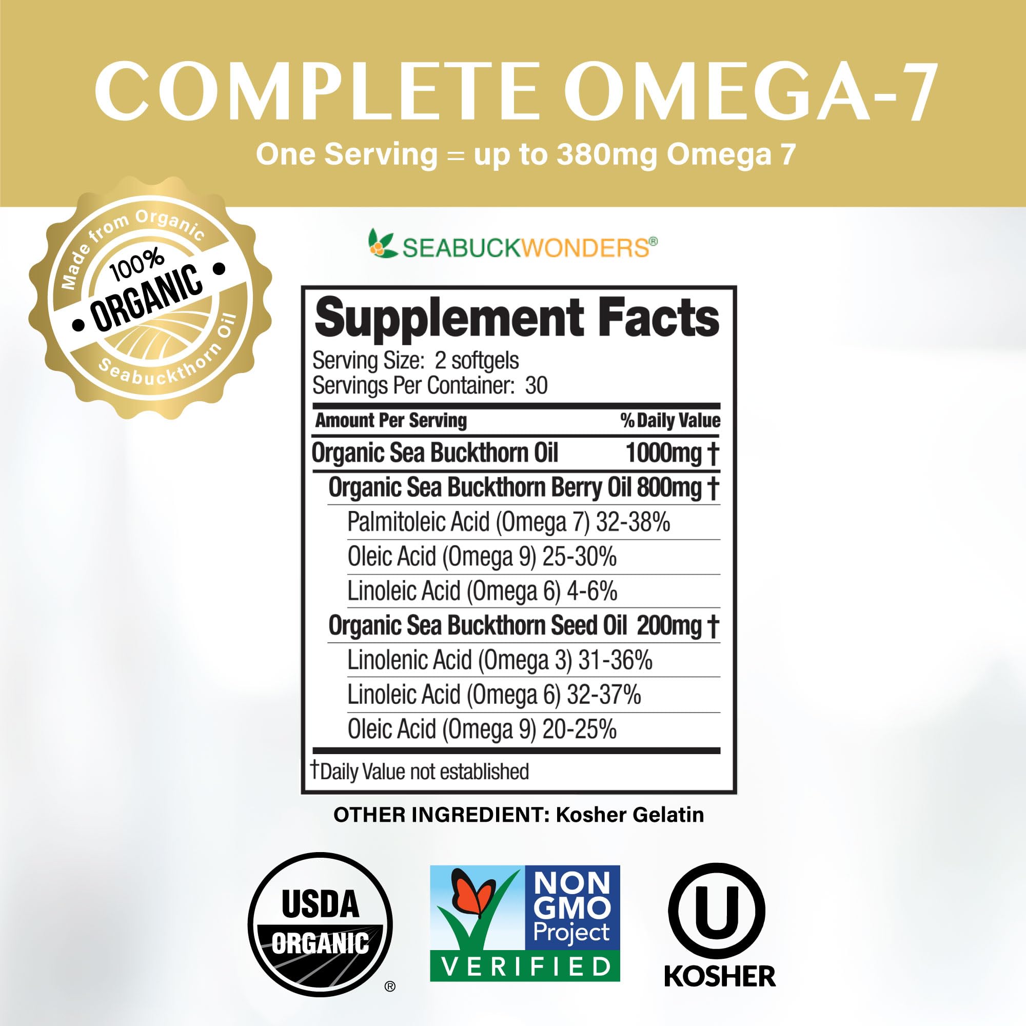 Seabuckwonders Omega-7 Complete Sea Buckthorn Oil Blend, 180 Count Softgels (500mg Each)