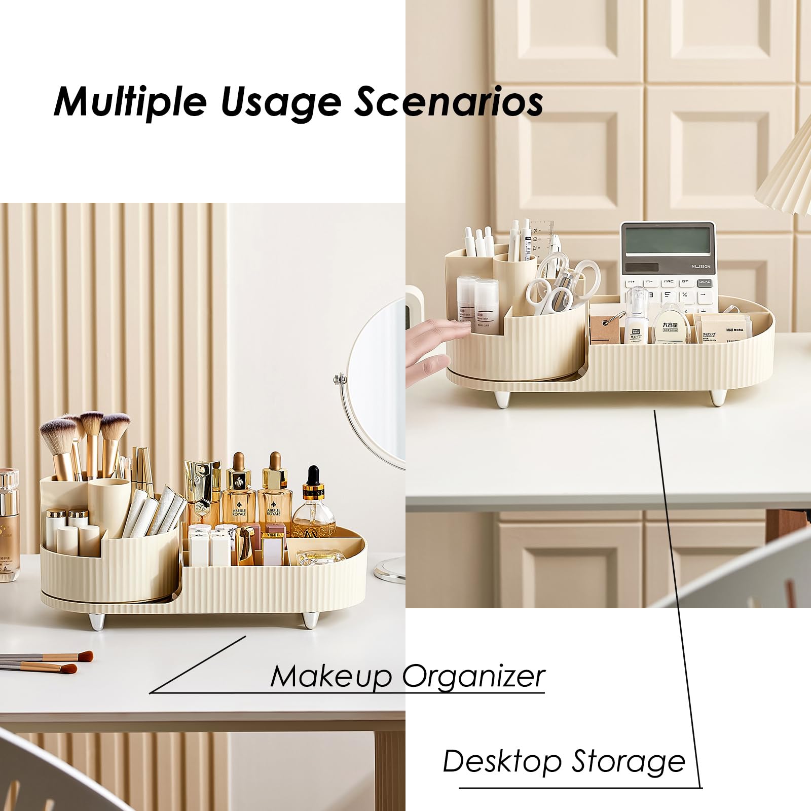 Makeup Organizer Countertop Rotating Makeup Organizer for Vanity Large Capacity Cosmetic Display Case with Makeup Brush Holder Cosmetic Organizer Countertop（Cream）