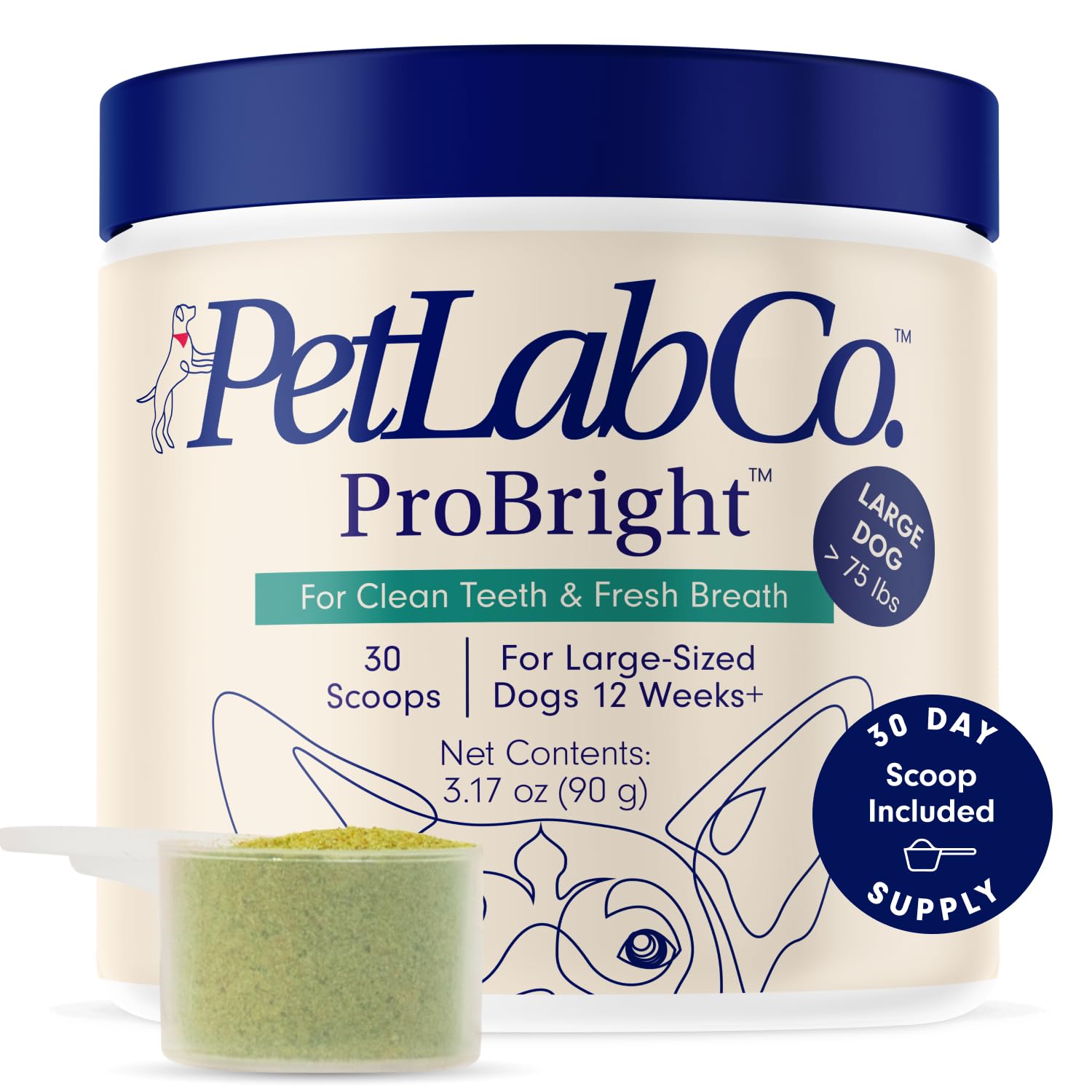 PetLab Co. ProBright Dental Powder - Dog Breath Freshener - Teeth Cleaning Made Easy – Targets Tartar & Bad Breath - Formulated for Large Dogs