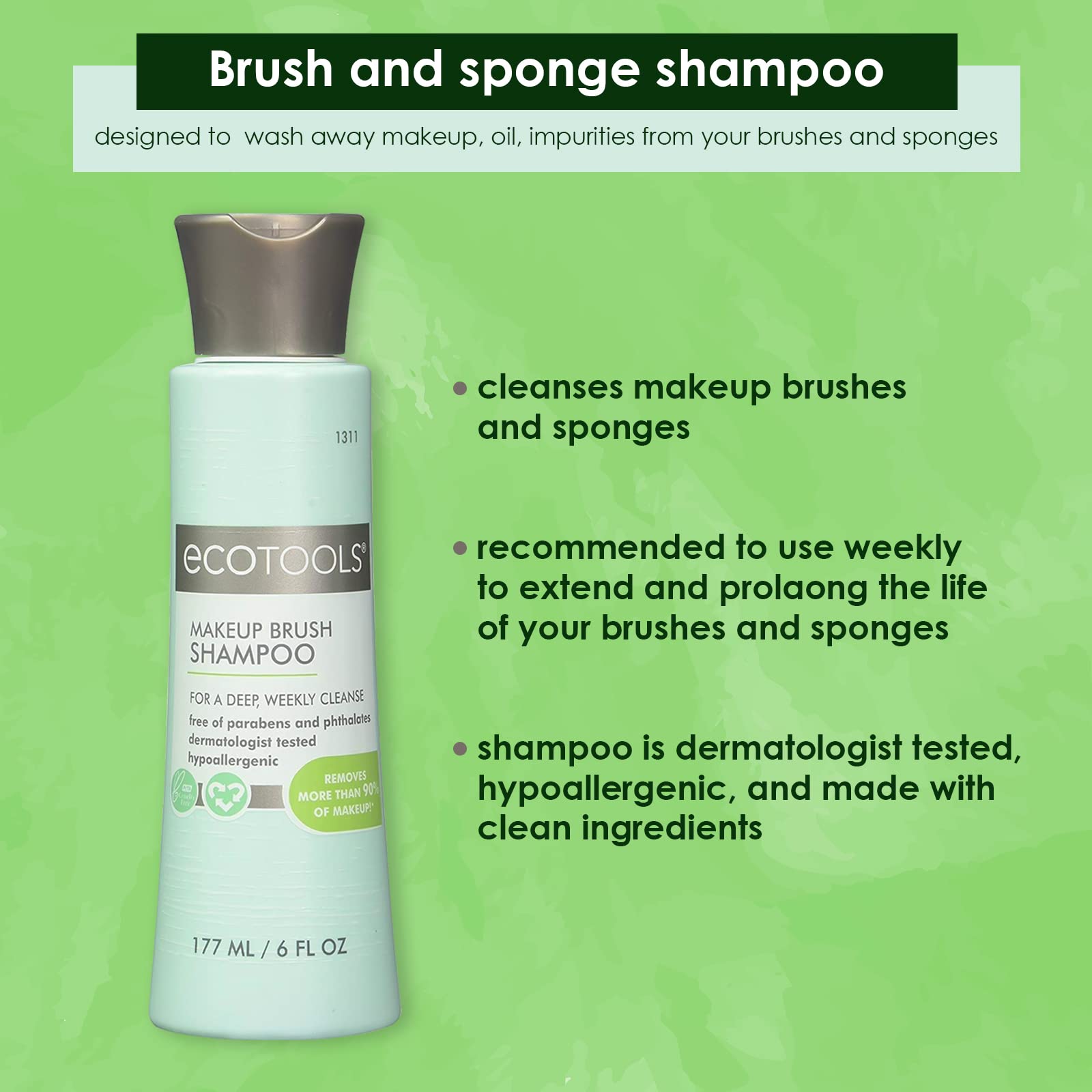 Ecotools Cruelty Free and Eco Friendly Makeup Brush Cleansing Shampoo, 6 Ounce; Wash Away Surface Makeup, Oil, and Impurities from Brushes (Pack of 2)