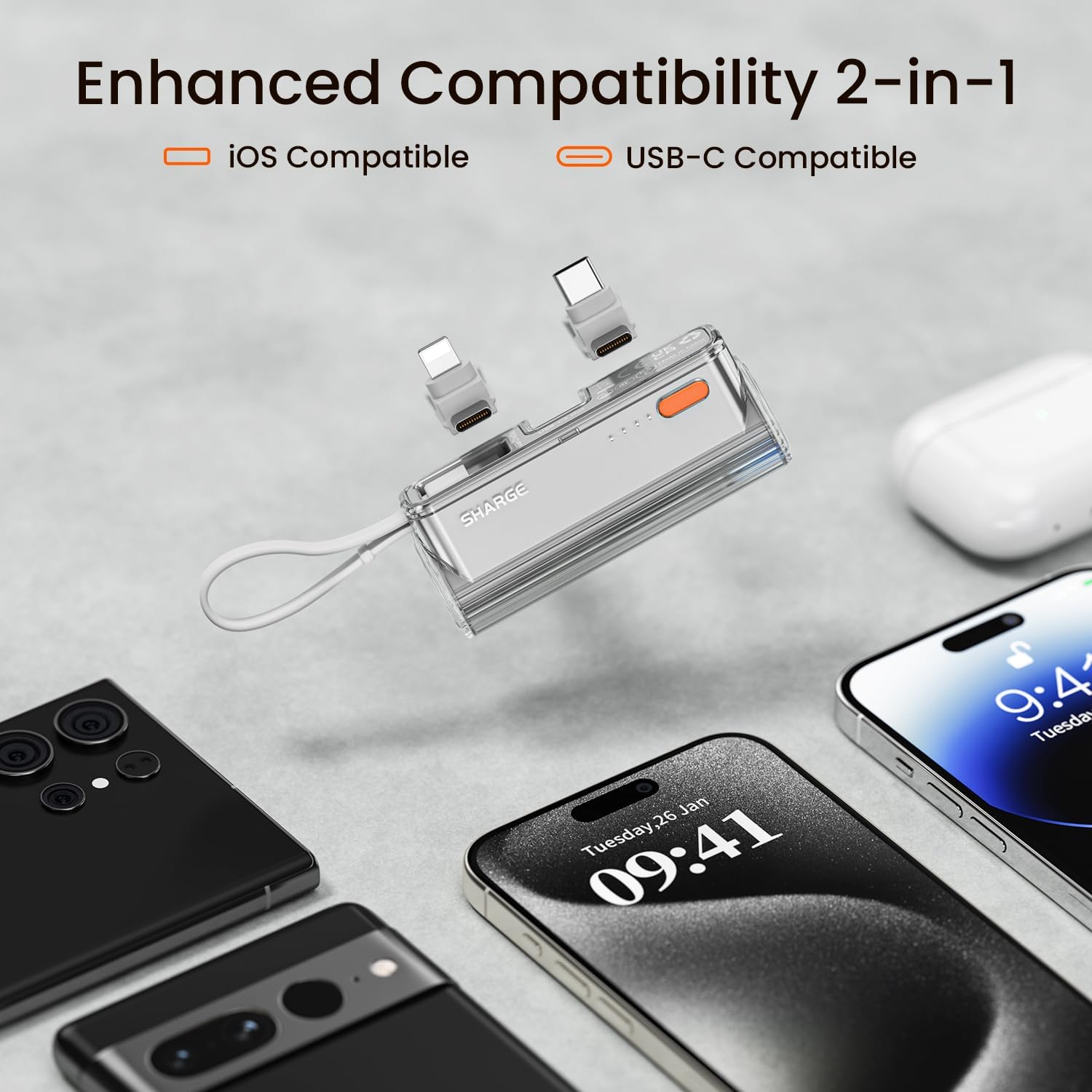 sharge Flow Mini Portable Charger, 5000mAh Small Power Bank with Changeable Plugs and Built in Cable, Dual Output USB-C External Battery Compatible with iPhone 16/15/14/13, iPad, Galaxy S24/23 Ultra