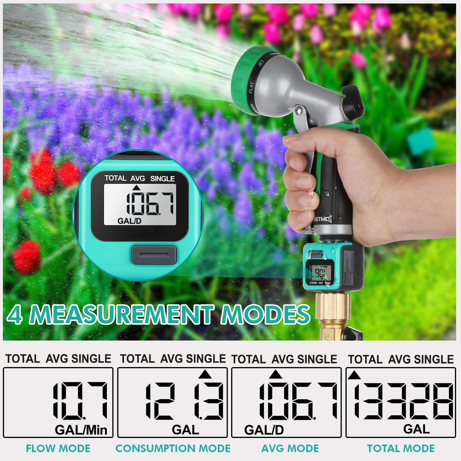 RESTMO Water Flow Meter with Brass Inlet Metal Thread, Measure Gallon/Liter Consumption and Flow Rate for Outdoor Garden Hose Watering, RV Water Tank Filling, Lawn Sprinkler and Nozzle Sprayer