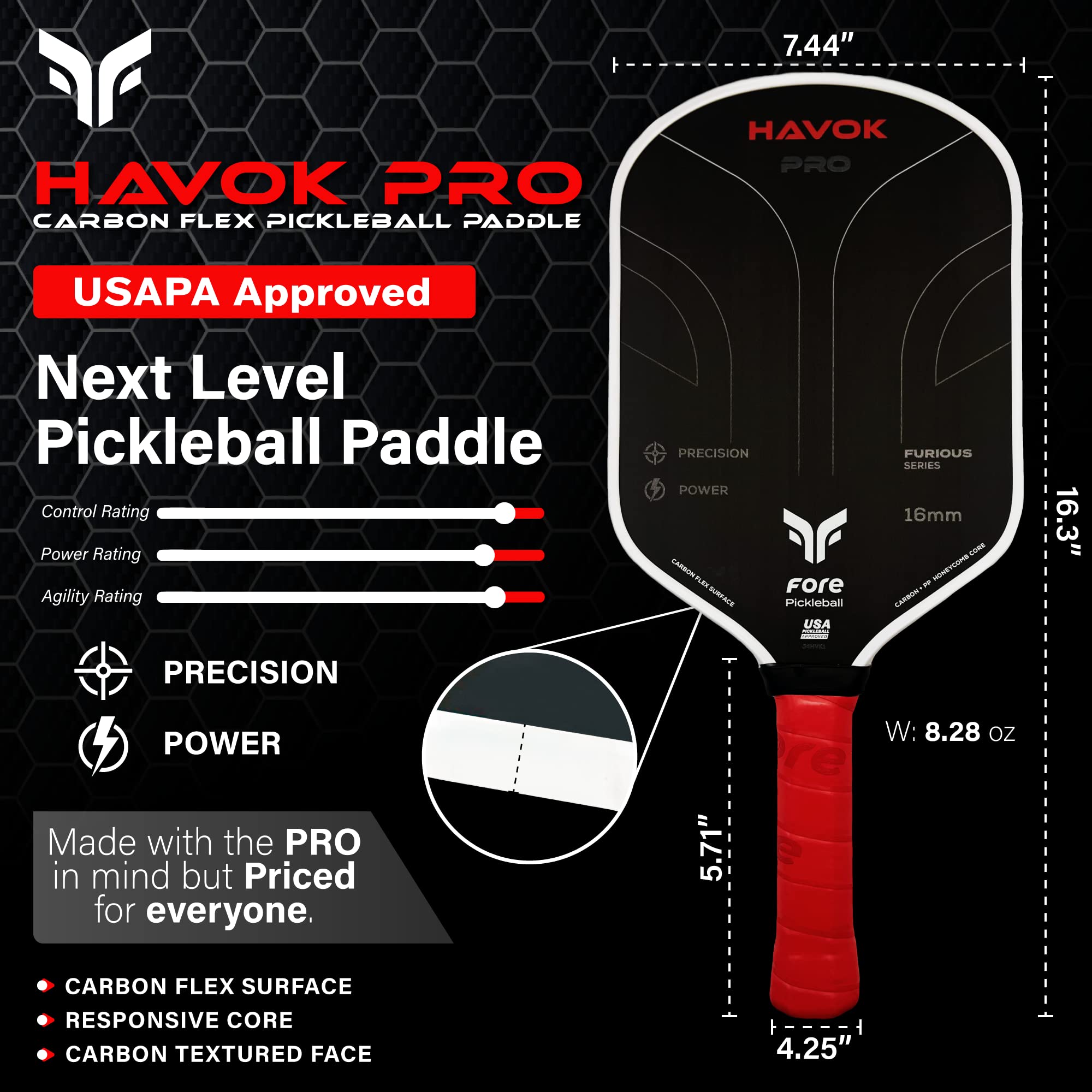 Havok Pro Pickleball Paddle: Carbon Fiber Surface for Enhanced Power, Precision and Maximum Spin - Large Sweet Spot and USAPA Approved