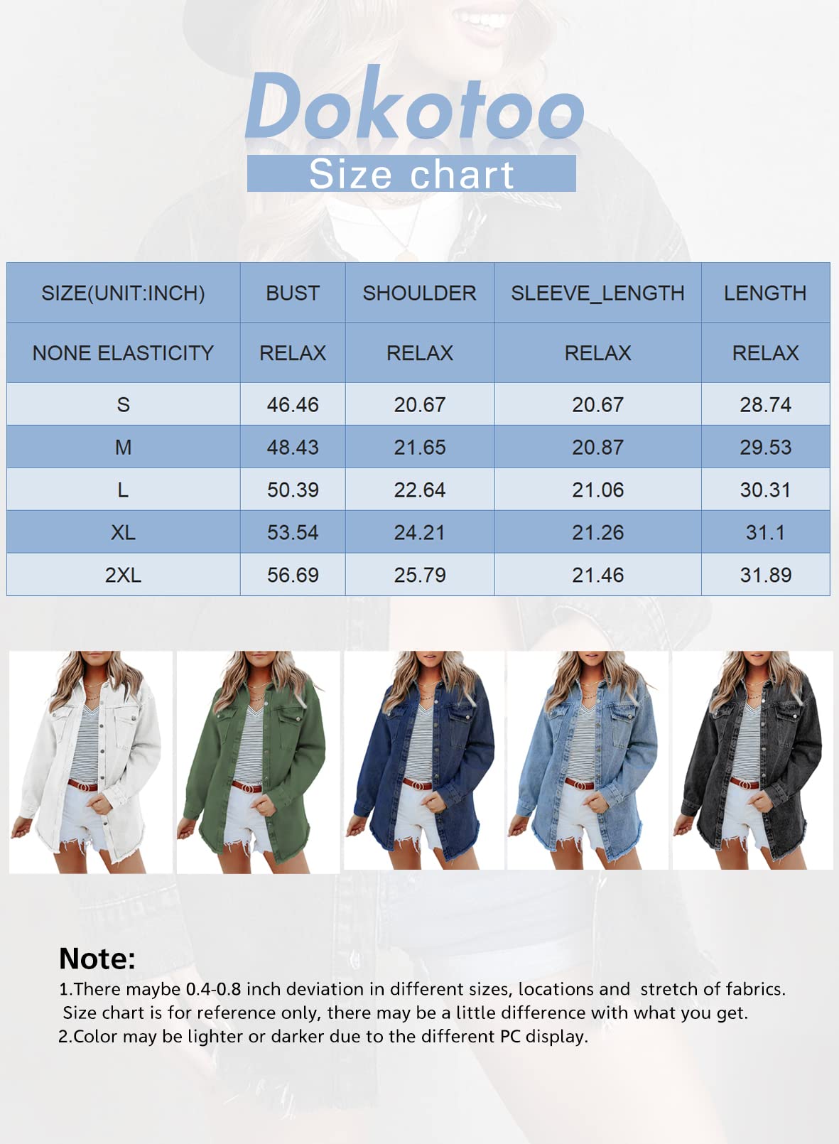 Dokotoo Women's Casual Boyfriend Oversized Lapel Button Up Long Sleeve Denim Trucker Jacket Distressed Ripped Denim Jackets Fray Hem Tassels Jean Jacket for Women with Pockets,US 4-6(S),Blue