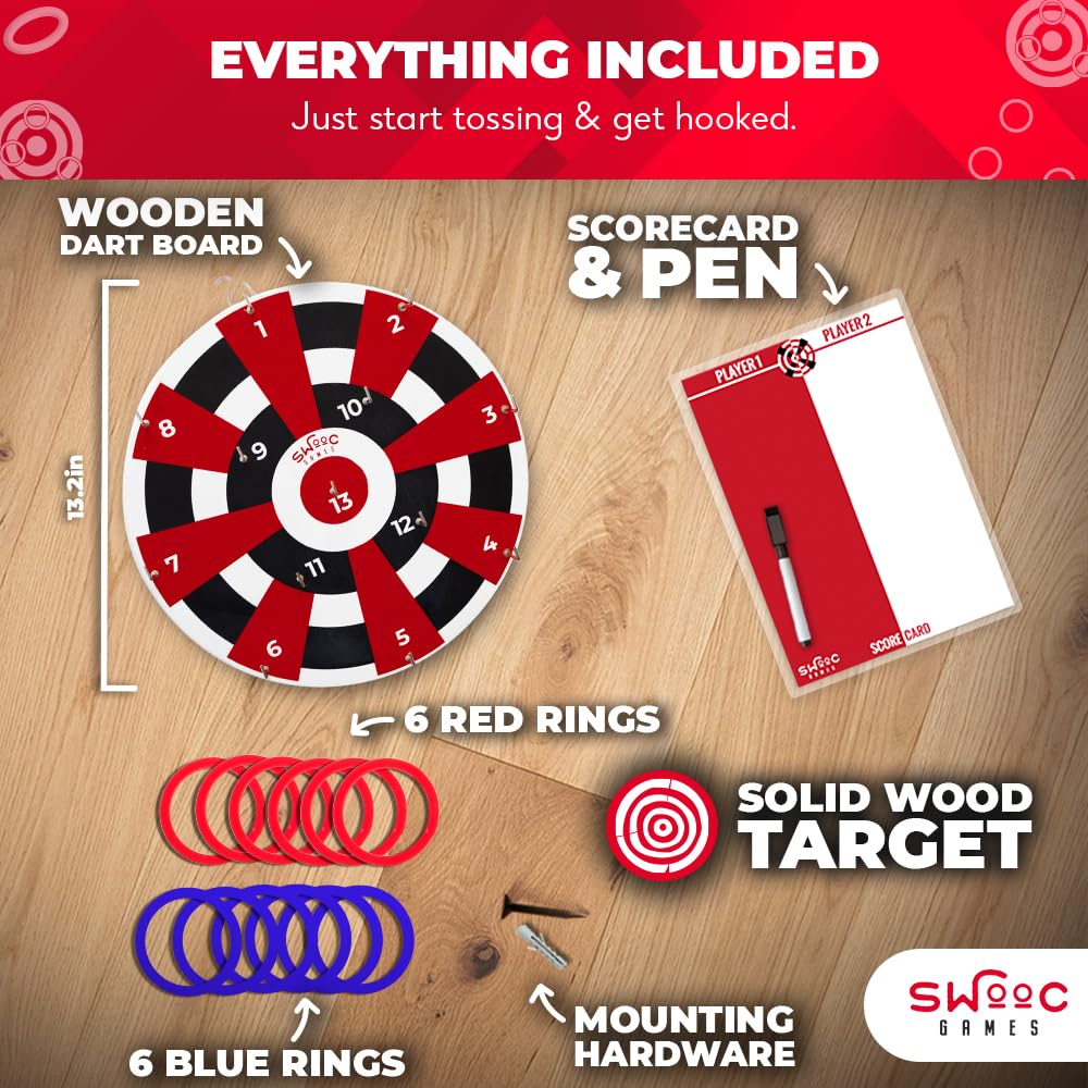 SWOOC Games ‒ Hook Darts Ring Toss Game ‒ Wood Board & Soft Rings ‒ 20+ Games Included for Kids & Adults ‒ Wall Mount Games ‒ Ring and Hook Game ‒ Ring Game ‒ Wall Games for Game Room, Patio, Garage