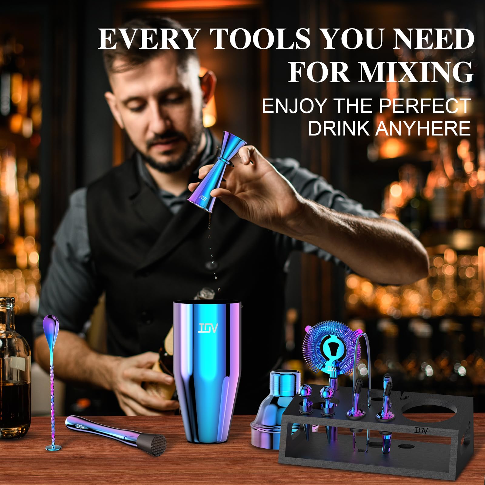 IOV Mixology Bartender Kit with Stand | 12-Piece Cocktail Shaker Set | 24oz Martini Shaker Set for Drink Mixing | Bar Set Includes All Bar Tools and Recipe Booklet | Fun Housewarming Gift (Rainbow)