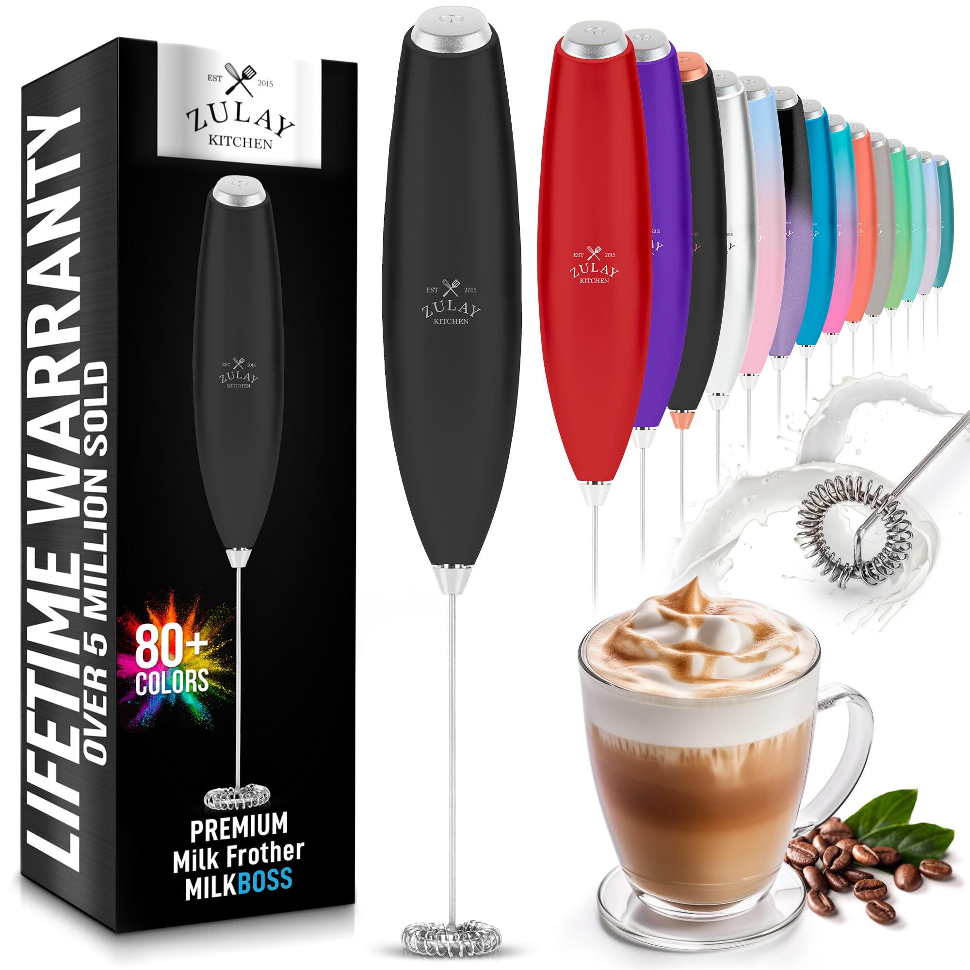 Zulay Kitchen Milk Frother Handheld Electric Whisk – Frother Wand, Durable Drink Mixer, Stainless Steel Whisk, Coffee Frother, Hand Blender, Frother for Protein Powder, Lattes, Matcha & More - Black