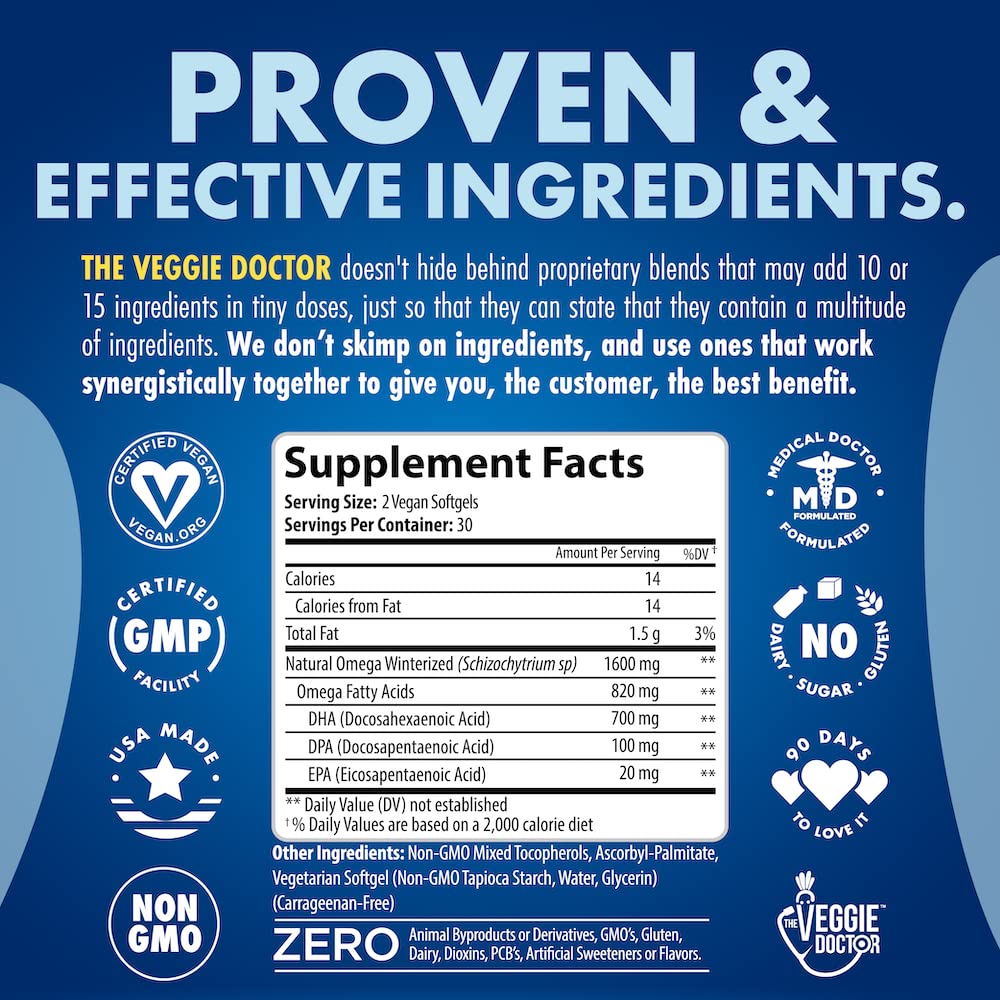 Omega 3 Fish Oil Alternative - Vegan Omega 3 Supplement - No Carrageenan – Plant Based Algae Omega 3 Fatty Acid Supplements - DHA, EPA, DPA - Heart, Brain, Joint, Eye, Immune Support