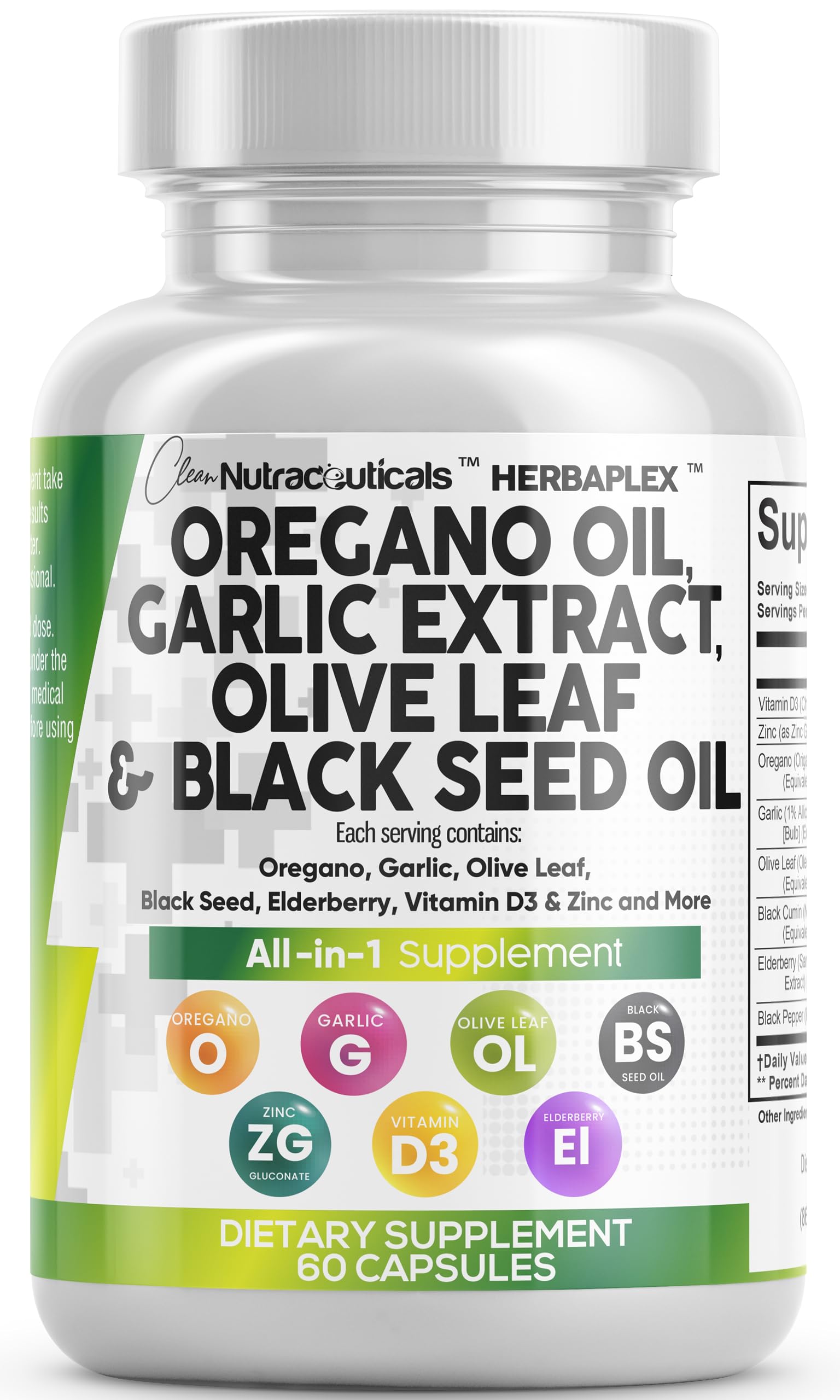 Clean Nutraceuticals Oregano Oil Garlic Extract Olive Leaf Black Seed Oil - Immune Support & Digestive Health Supplement for Women and Men with Vitamin D3 & Zinc - 1Pack