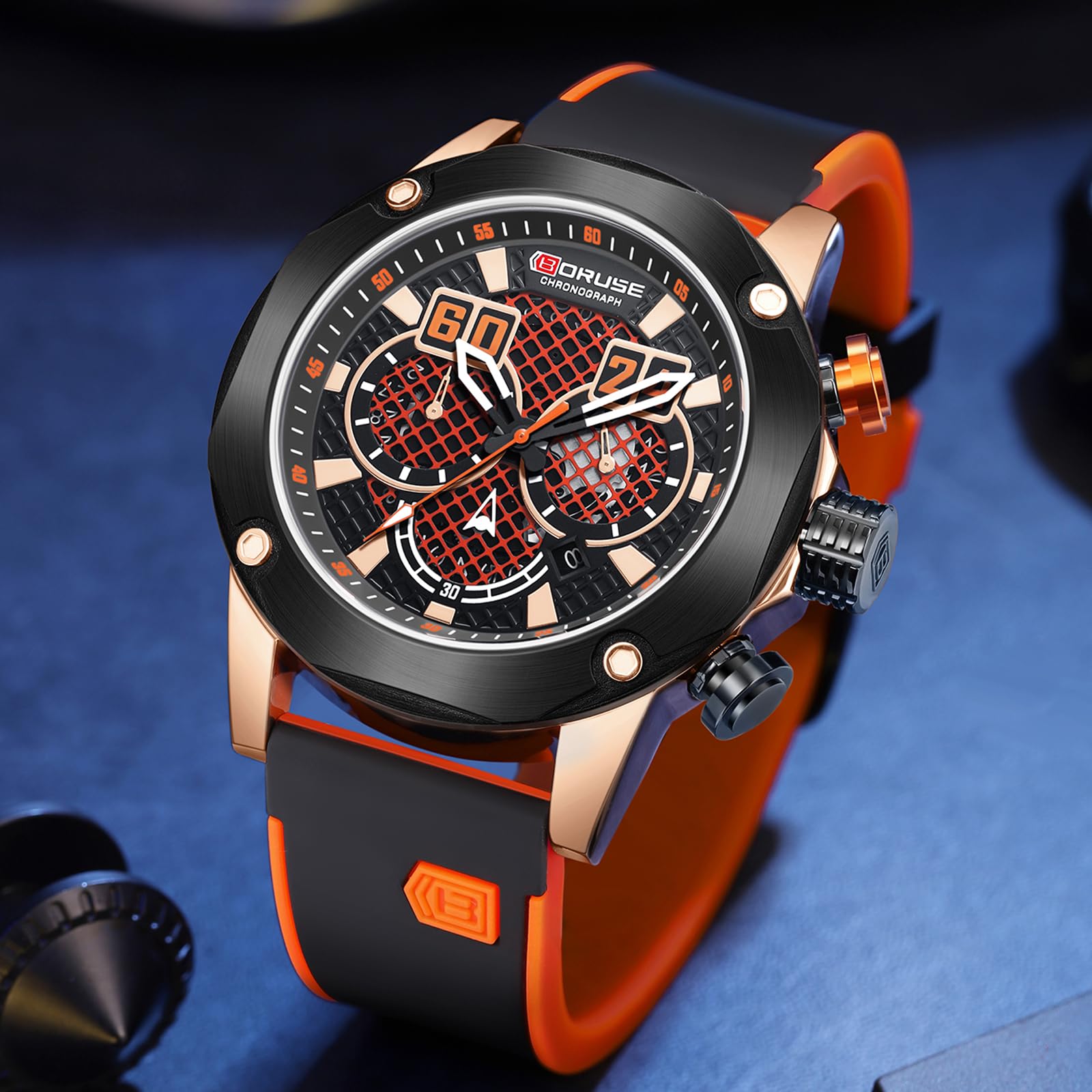 BORUSE Big Face Mens Watches Sport Chronograph Waterproof Quartz Watch Luxury Casual Silicone Strap Analog Skeleton Hollow Men Wrist Watch