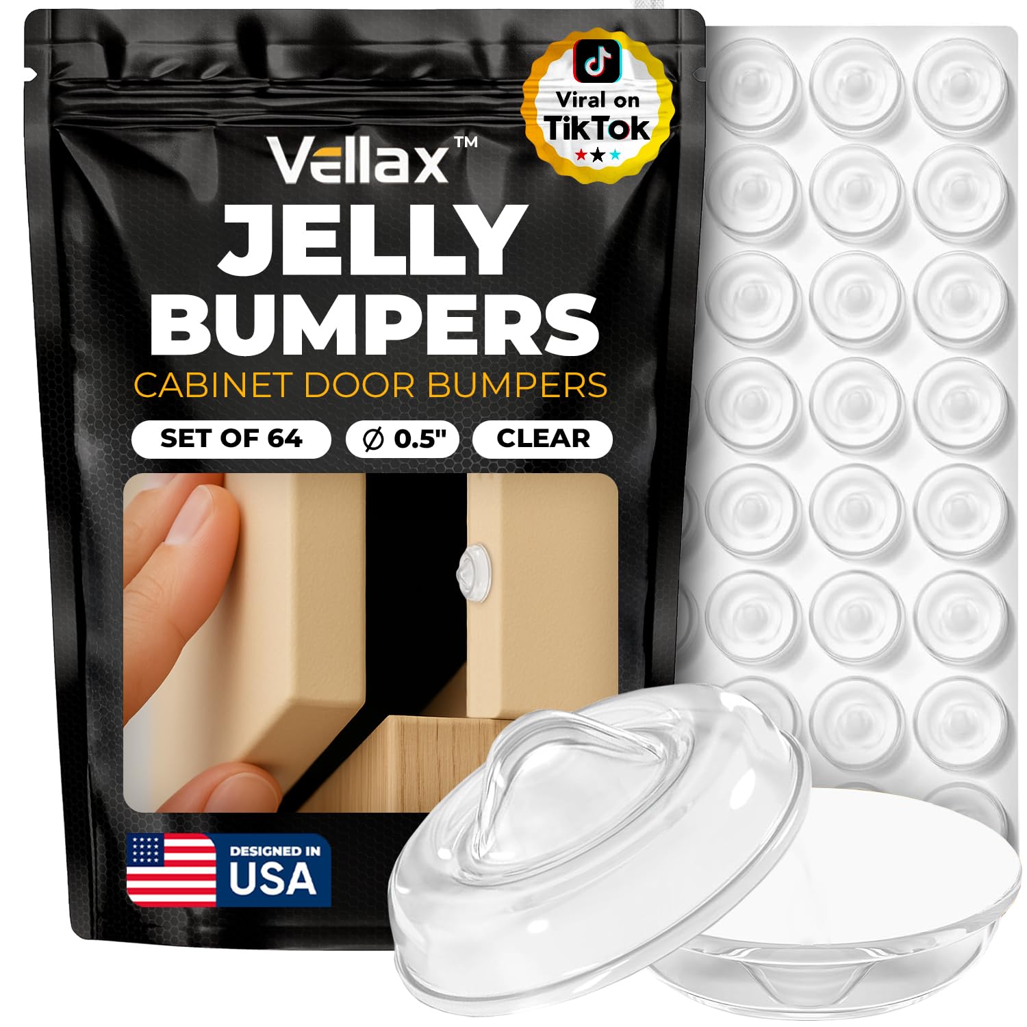 64 Clear Silicone Bumper Pads – Self-Adhesive Sound Dampening Stops with Jelly Button Shape Design for Cabinet Doors, Drawers, Cupboards, Glass Surfaces, Picture Frames – Vellax