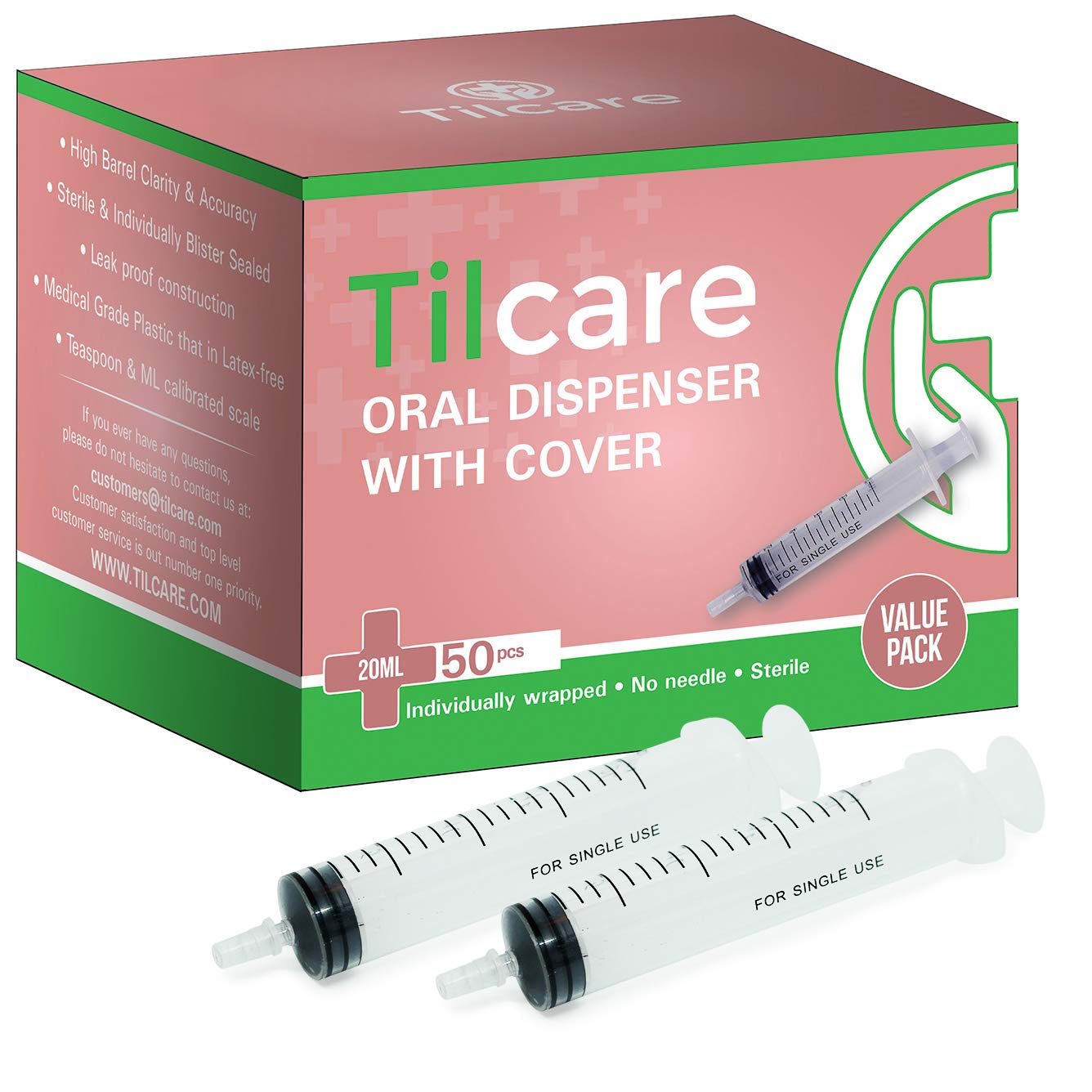 20ml Oral Dispenser Syringe with Covers 50 Pack by Tilcare - Sterile Plastic Medicine Food Droppers for Children, Pets or Adults – Latex-Free Oral Medication Dispenser - Large Feeding Tube Syringes