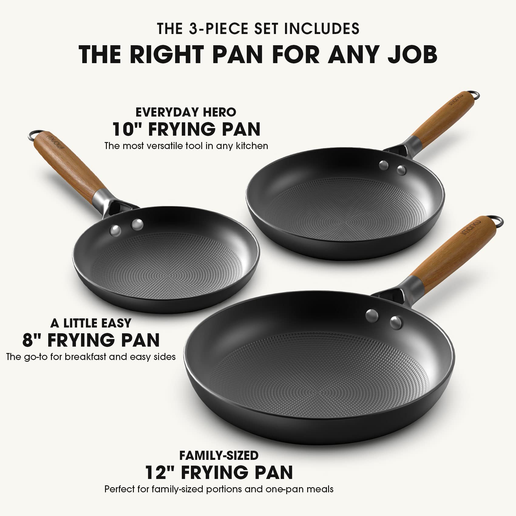 imarku Non Stick Frying Pans - 8&10&12 Inch Cast Iron Skillets Professional Cast Iron Pan Dishwasher Safe Nonstick Frying Pan Set, Detachable Handle