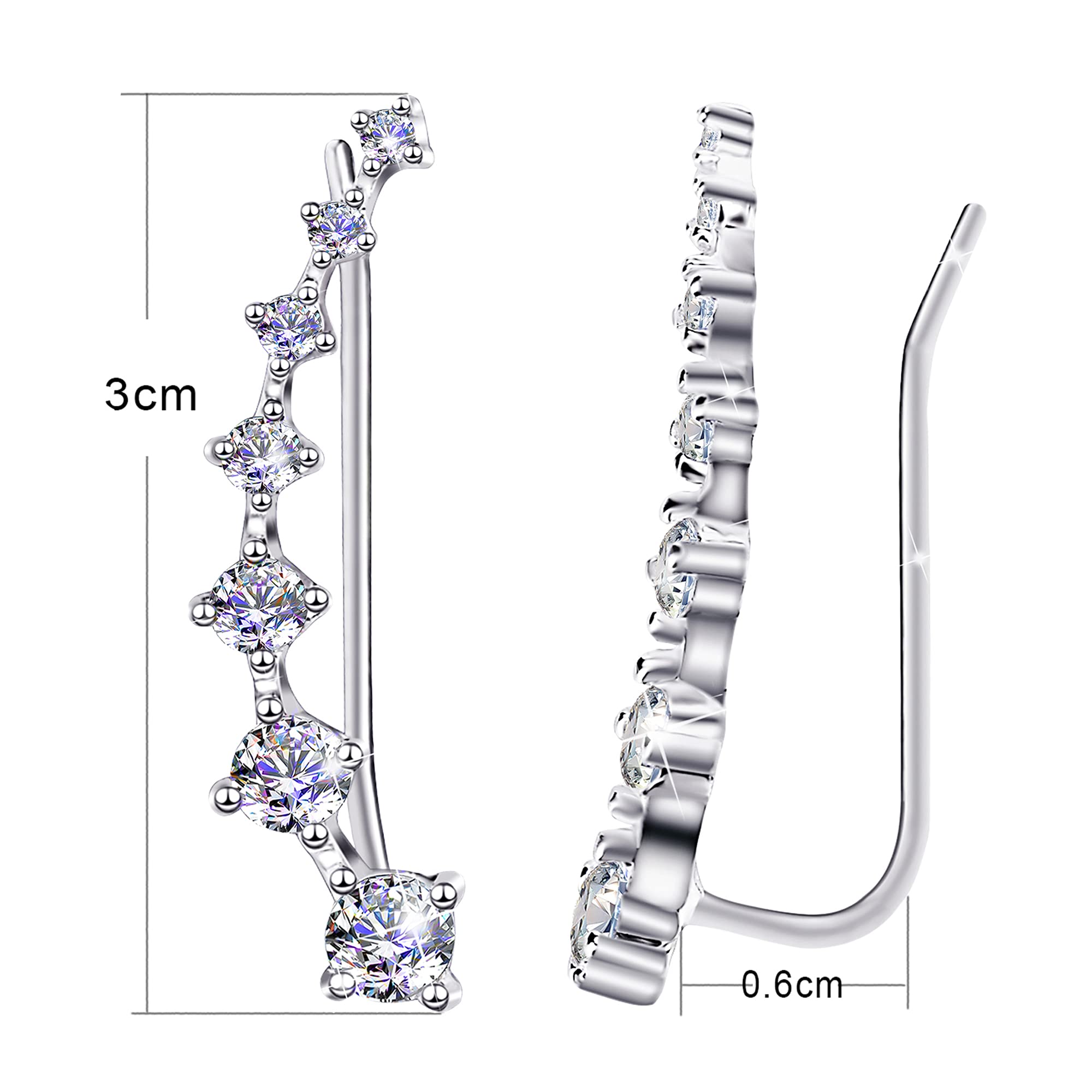 Sterling Silver Climber Earrings for Women 7 Crystals Ear Cuffs Cartilage Hypoallergenic Jewelry Dainty Fashion Birthday Gift for Women (Silver)