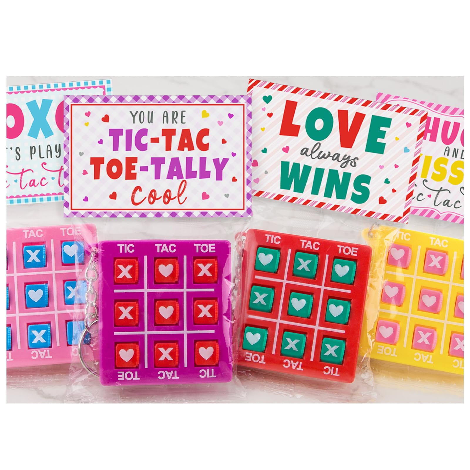 ORIENTAL CHERRY Valentines Day Gifts for Kids - 24 Pack Valentines Cards with Tic Tac Toe Keychains - Valentine Gift Exchange for School Class Classroom Party Favors Boys Girls