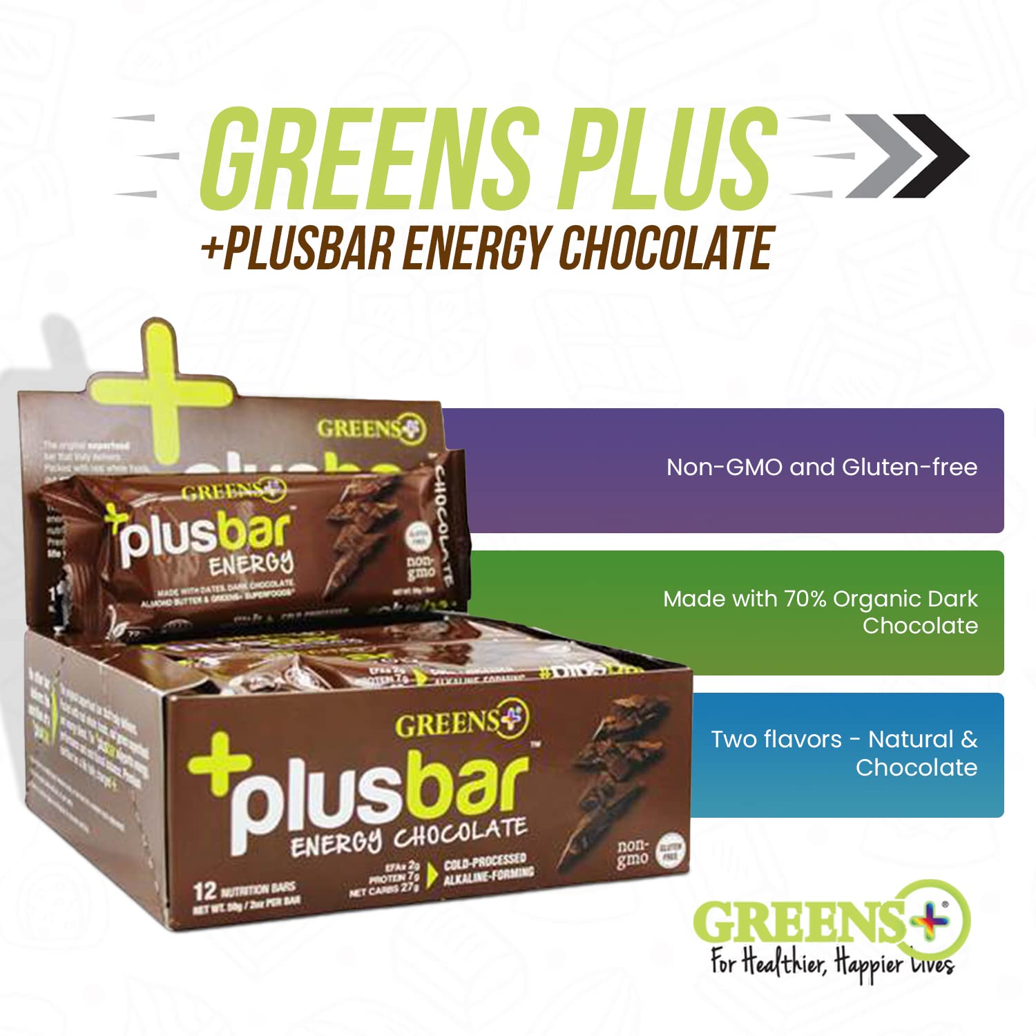 Greens+ Plusbar Energy Bars, Chocolate, Gluten Free Healthy Snacks with Organic Super Greens, Superfoods & Dark Chocolate, Vegan, Dairy Free & Non GMO, 8g Protein Meal Replacement Bars, 12 Bars