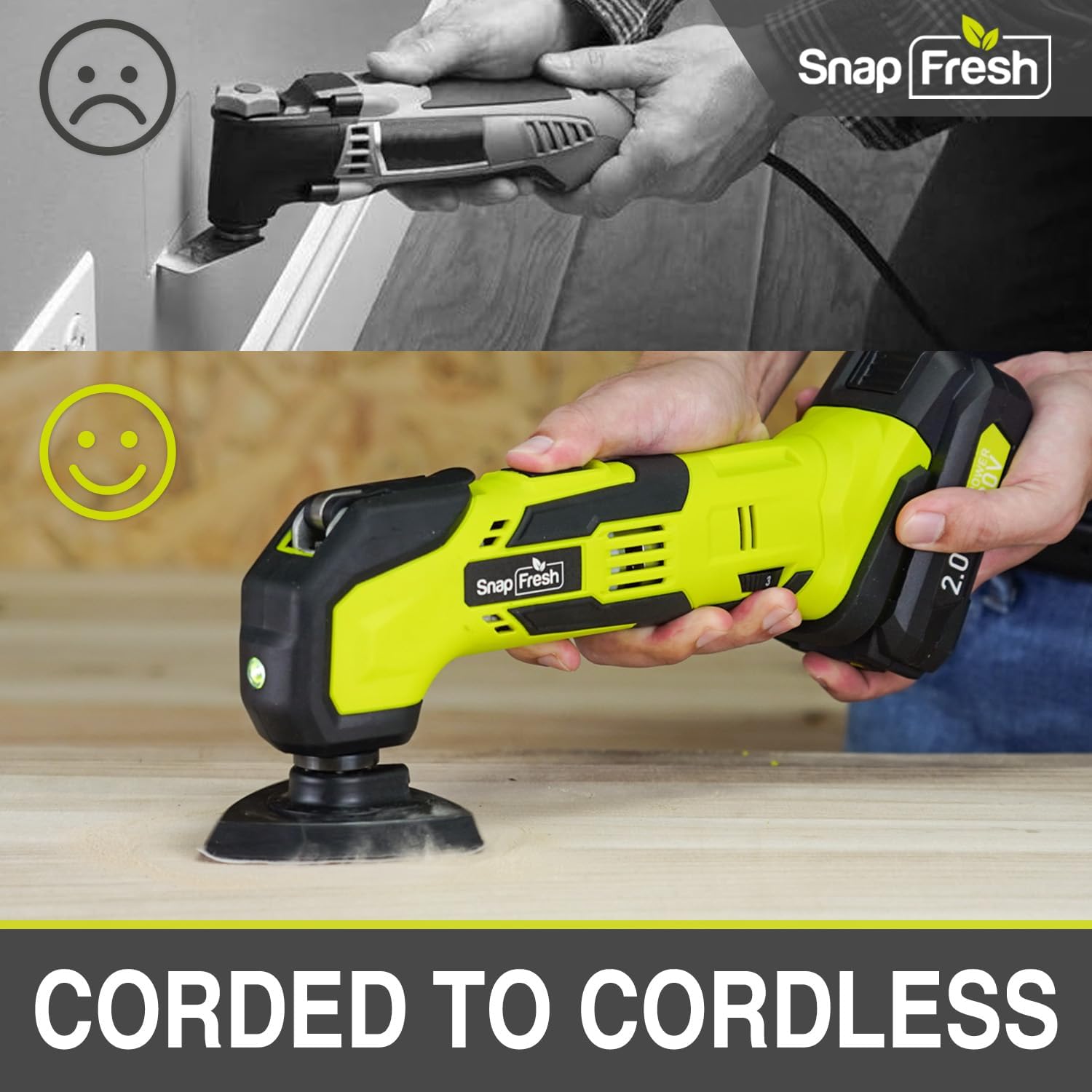 SnapFresh Oscillating Multi Tool Cordless, 20V DIY Tool Kit, 6 Speed, 3.2°Oscillation Angle, Quick-Lock Replaceable, 24pcs Accessories, Battery & Fast Charger, For Scraping, Blades Sanding, Cutting