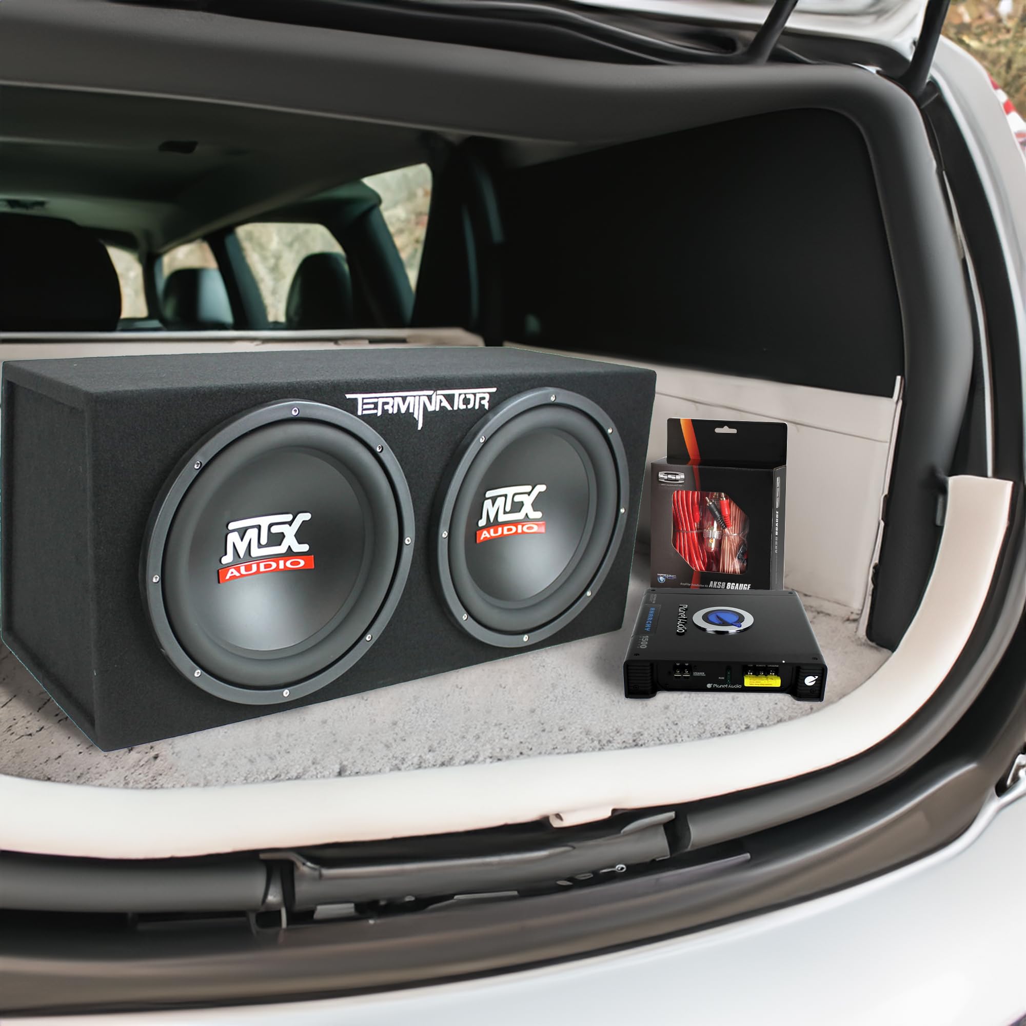 MTX 12 Inch Subwoofer Enclosure, Planet Audio 1500 Watt Amp, and Soundstorm 8GA Wiring Kit