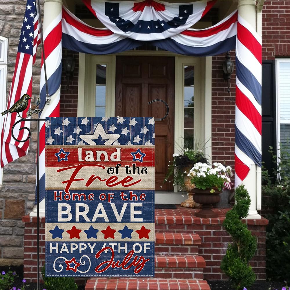 GEEORY Happy 4th of July Patriotic Garden Flag 12.5x18 Inch, Stars Striped Blue Welcome Double Sided Flag for Outside Yard Lawn Decoration GB051-12