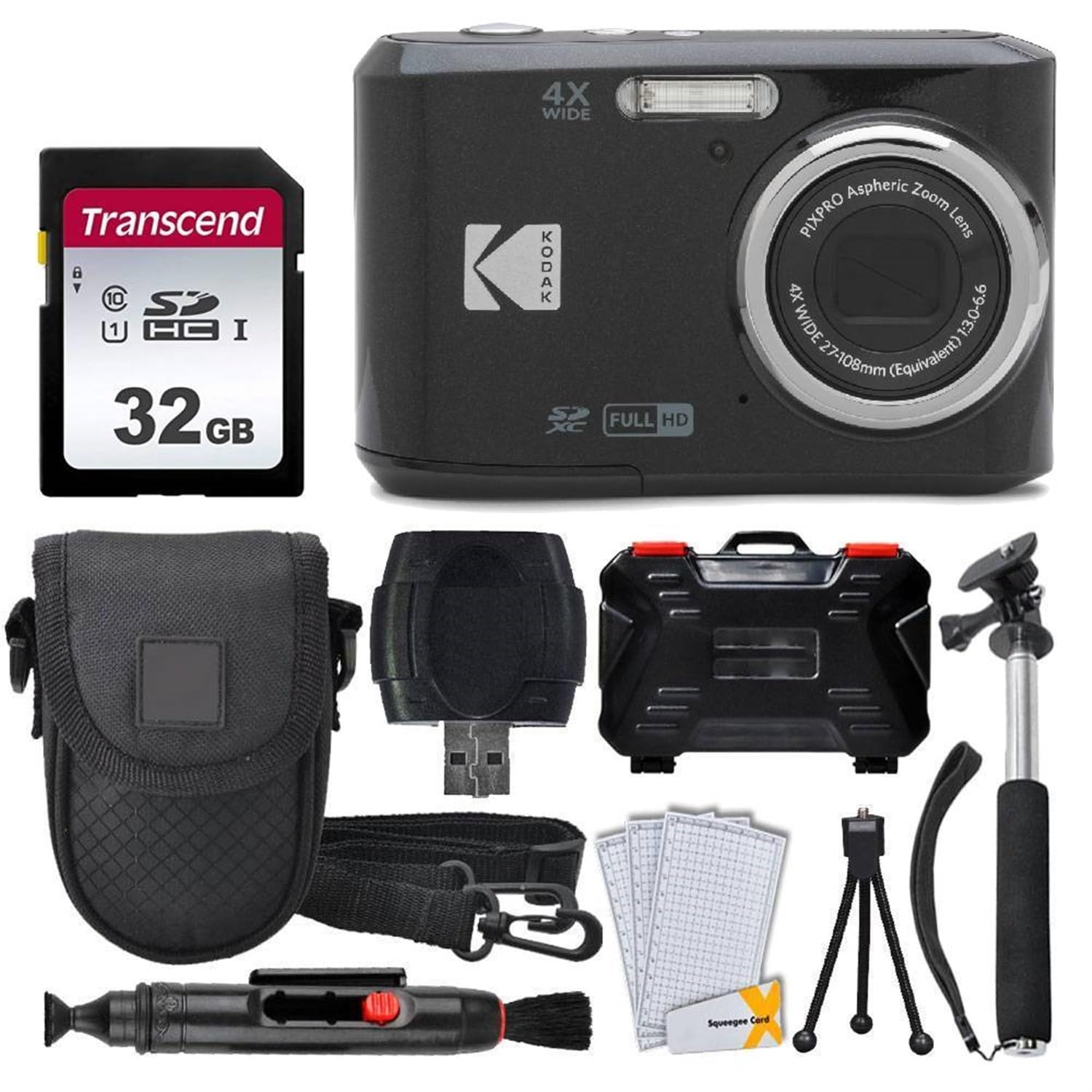 Kodak PIXPRO FZ45 Digital Camera, 32GB Memory Card, Point and Shoot Camera Case, Extendable Monopod, Lens Cleaning Pen, LCD Screen Protectors, Table Top Tripod â€“ Ultimate Bundle (Black)