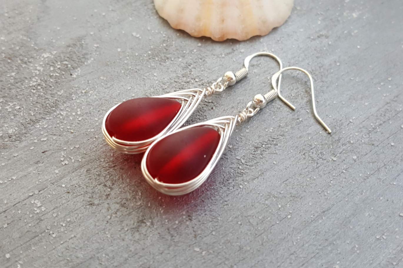 Yinahawaii Handmade Sea Glass Earrings, Hawaiian Jewelry, Wire Braided Earrings Teardrop Earrings, Beach Jewelry Sea Glass Jewelry For Women Birthday Gift (Ruby Red - July)