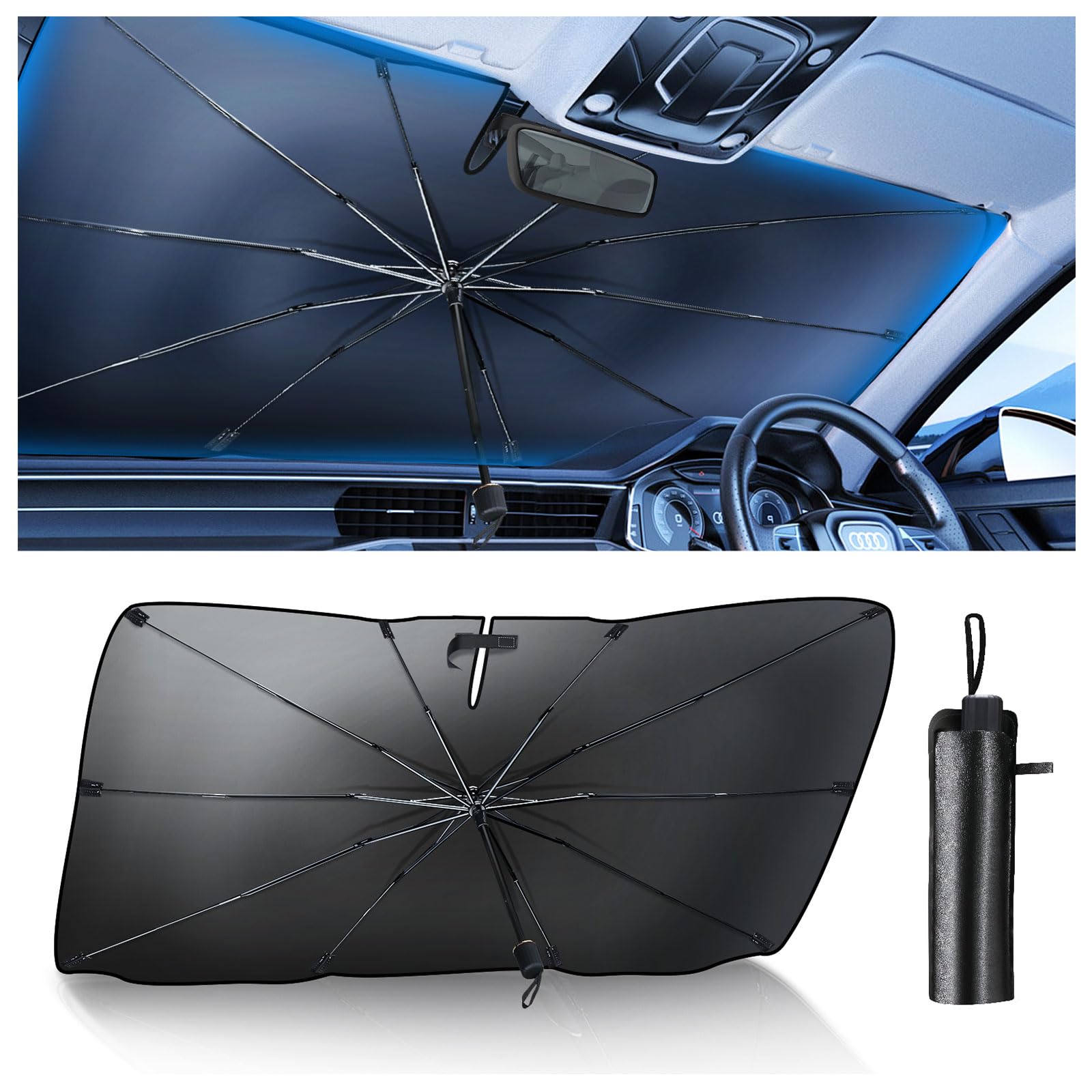 Luckyliz Car Windshield Sun Shade Umbrella for Sedan SUV, [4 Layers Nano Coating][10 Fiberglass Ribs] UV Protection & Heat Insulation Foldable Automotive Front Window Sunshade (57"x31")