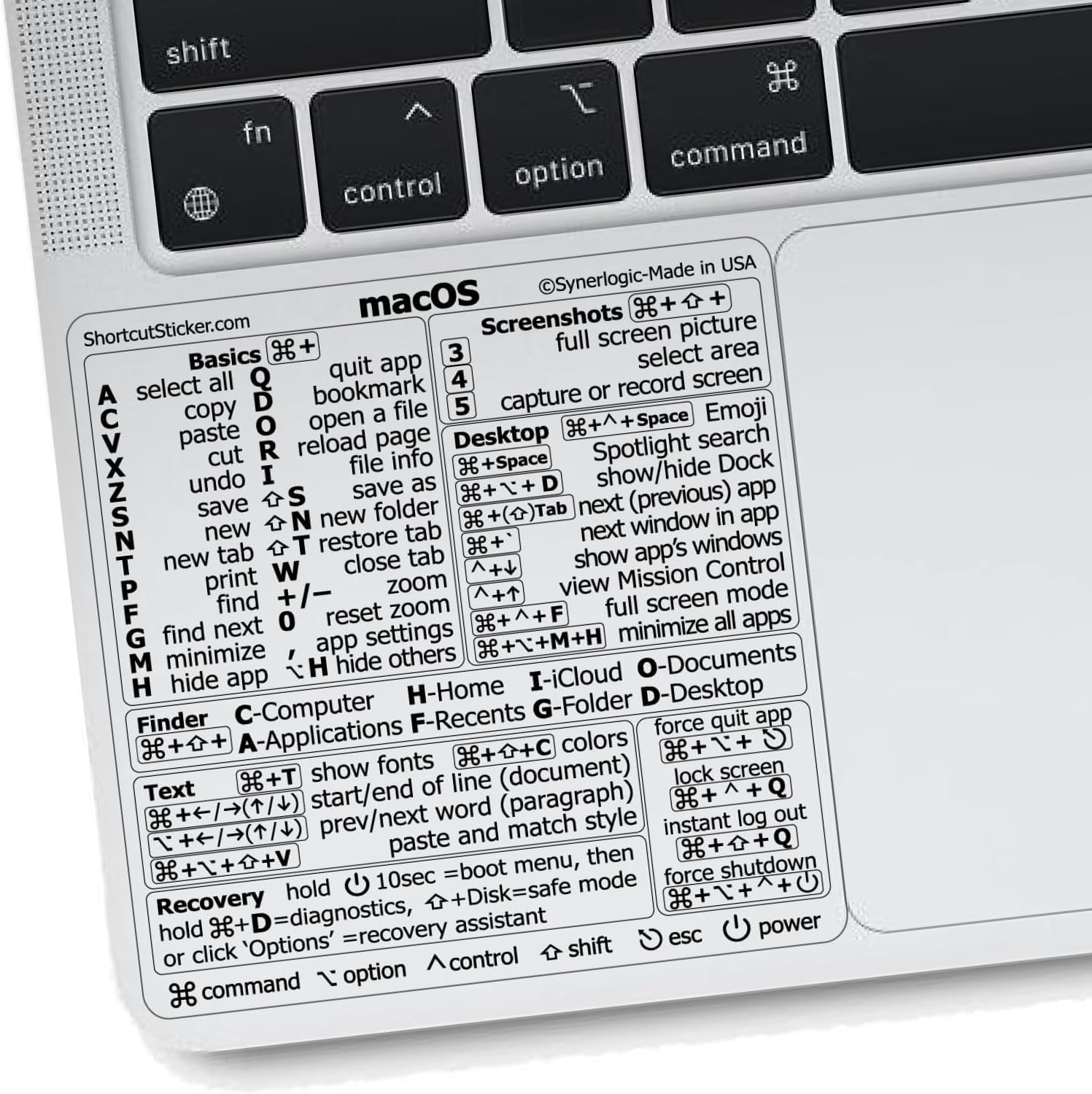 Synerlogic Mac OS Shortcuts Sticker | Keyboard Stickers for macOS | Laminated Vinyl MacBook Cheatsheet for Laptop | MacBook Shortcuts 2026 (Clear/Black)