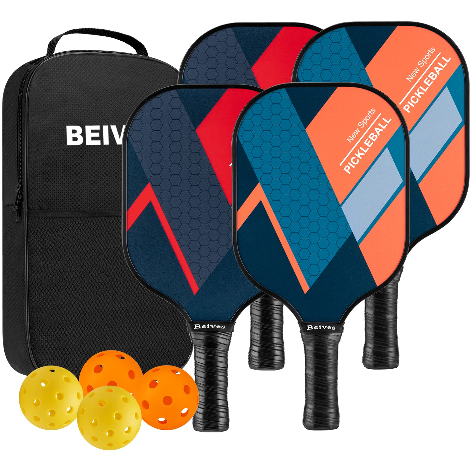 BEIVES Pickleball Paddles, Fiberglass Surface Pickleball Paddles Set of 4, Pickleball Set with 4 Pickleball Rackets, 4 Pickleball Balls, 1 Pickleball Bag, Pickle Ball Paddle Set for Men Women