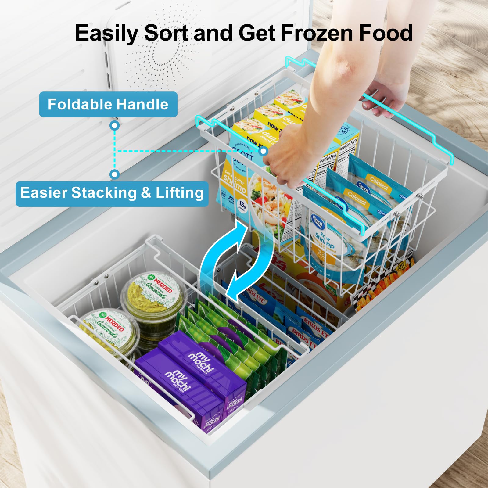 iSPECLE Chest Freezer Organizer Bins - 14.8" Length Large Freezer Organizer Bins for 5 - 7 Cu.FT Deep Freezer, Stackable Chest Freezer Organizer with Adjustable Width Hold More Items, 4 Pack White