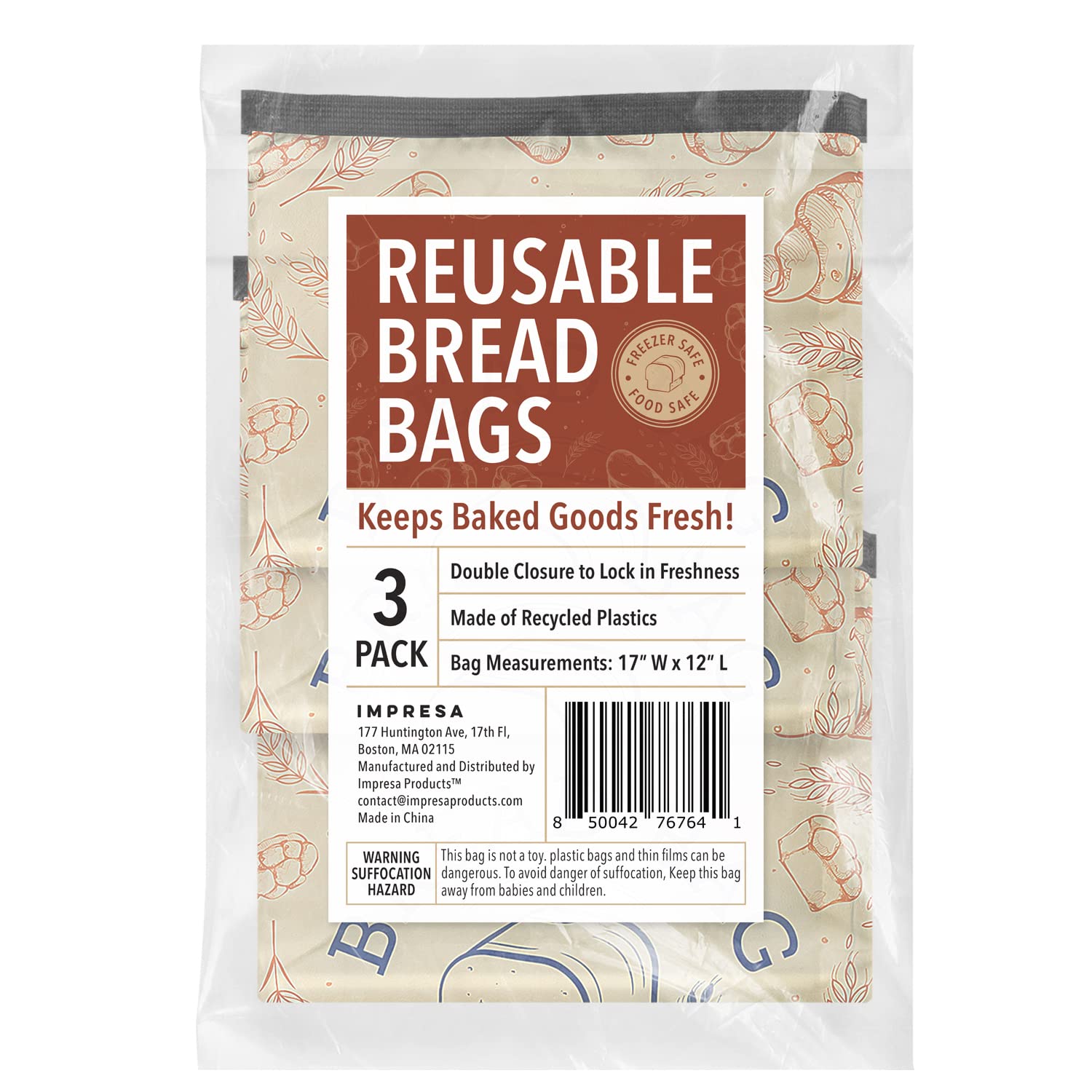 IMPRESA [3 Pack] Reusable Bread Bags - Double Seal Bread Freezer Bags to Lock in Freshness - Dishwasher & Washing Machine Safe - Homesteading Essentials