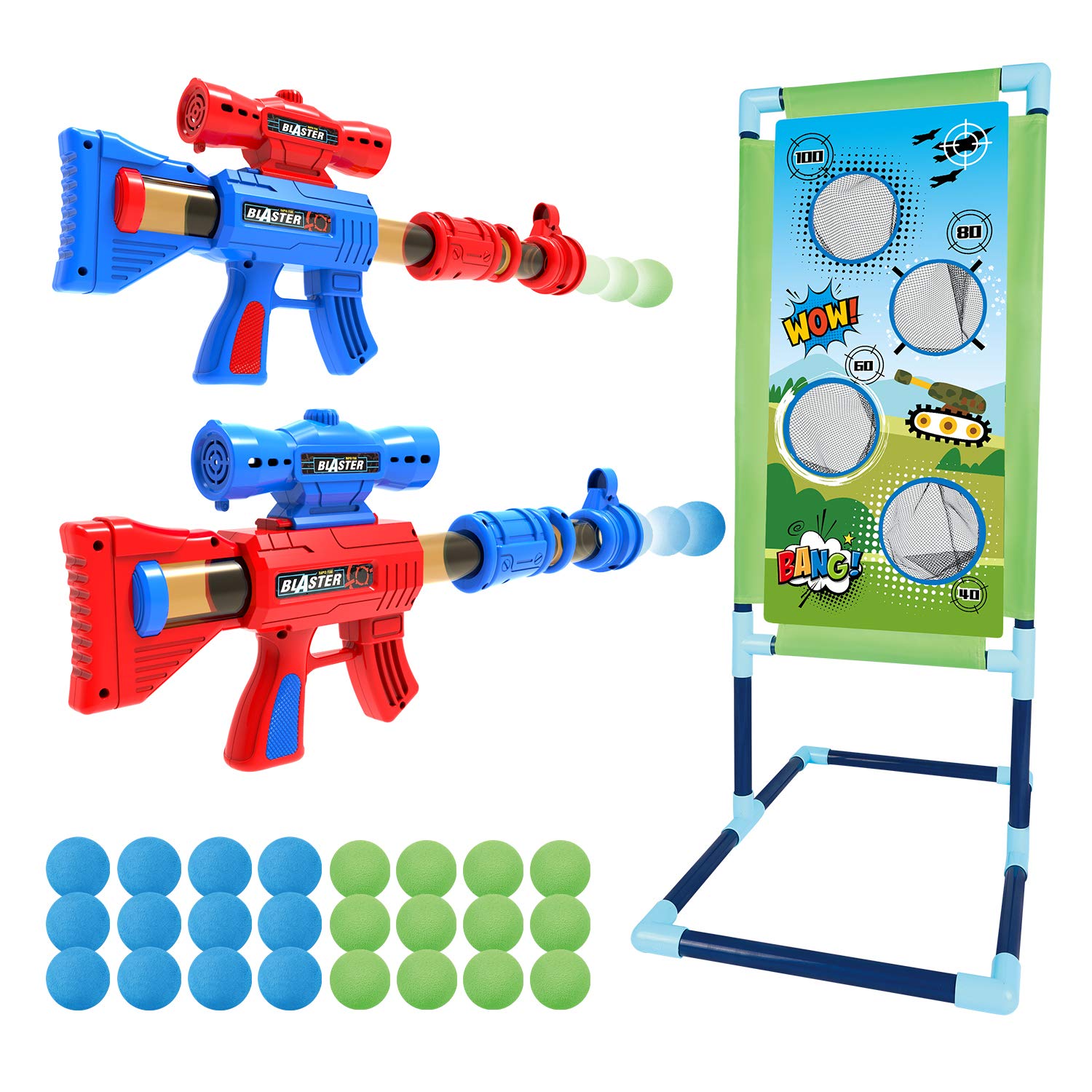 SpringFlower Shooting Game Toy for 5 6 7 8 9 10+ Years Olds Boys,2pk Foam Ball Popper Air Toy Guns with Standing Shooting Target,24 Foam Balls, for Kids