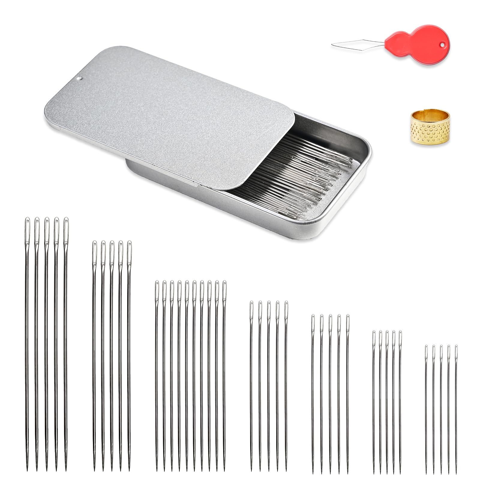 L'EclatDina 40PCS Sewing Needles Set, Large Eye for Hand Sewing, 7 Sizes Stainless Steel, with Threader & Magnetic Pin Cushion, for Embroidery & Crafts