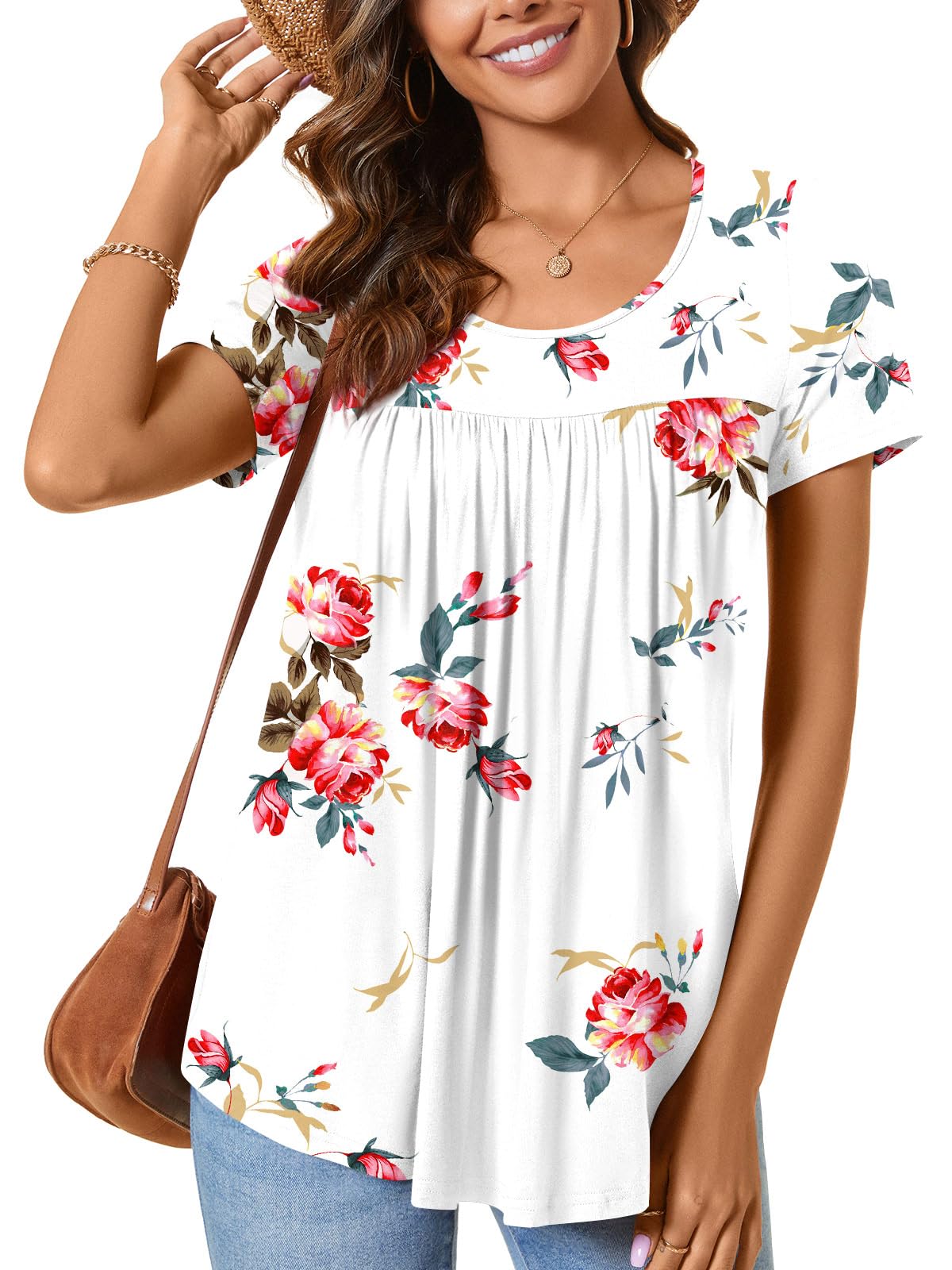 CATHY Women's 2025 Summer Short Sleeve Tunic Tops Loose Fit Comfy Blouses Casual Shirts for Leggings M-4XL,3XL,Floral White