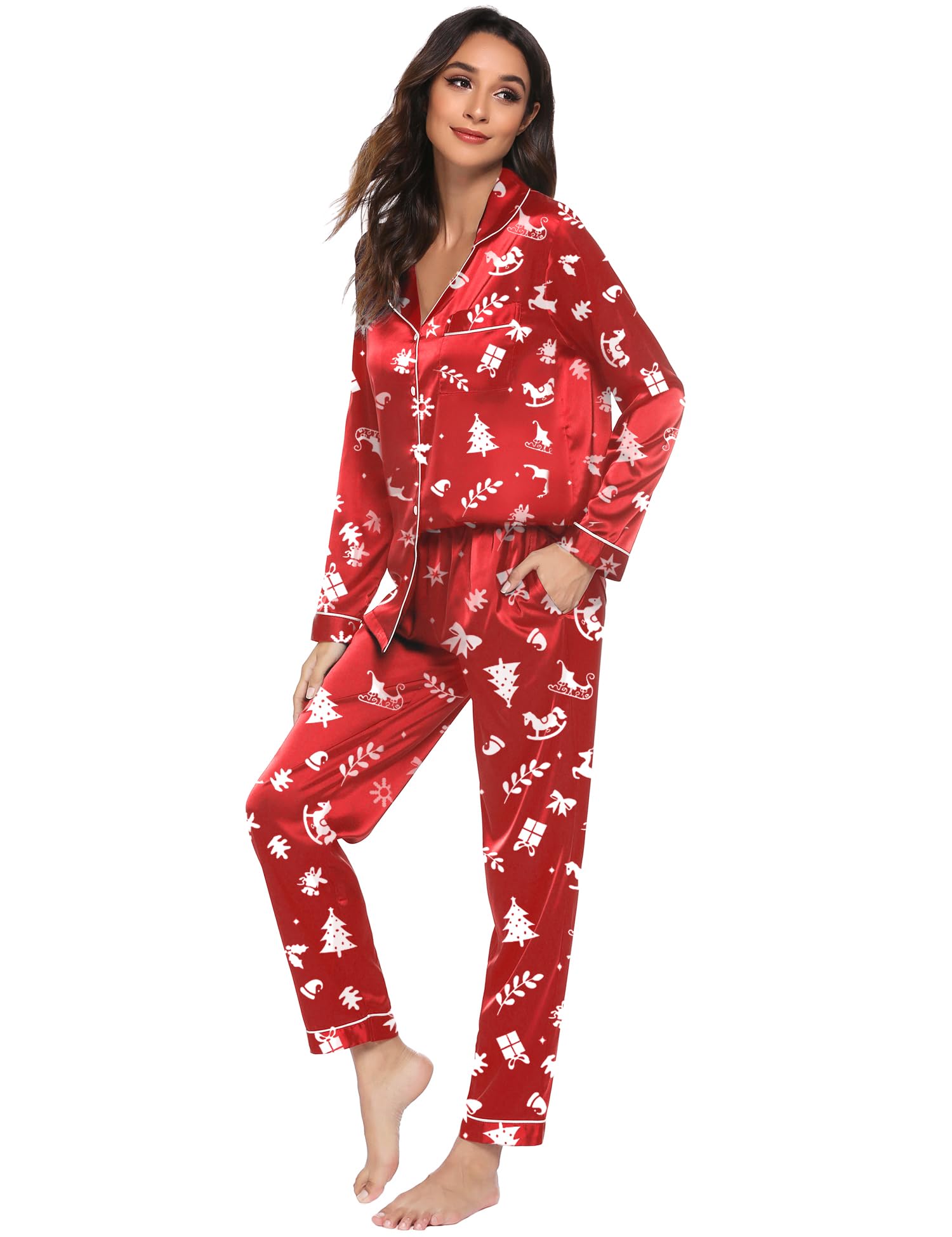 Ekouaer Silk Satin Pajamas Women's Long Sleeve Pj Set Soft Button Down 2 Piece Sleepwear Loungewear Christmas Red Print,M