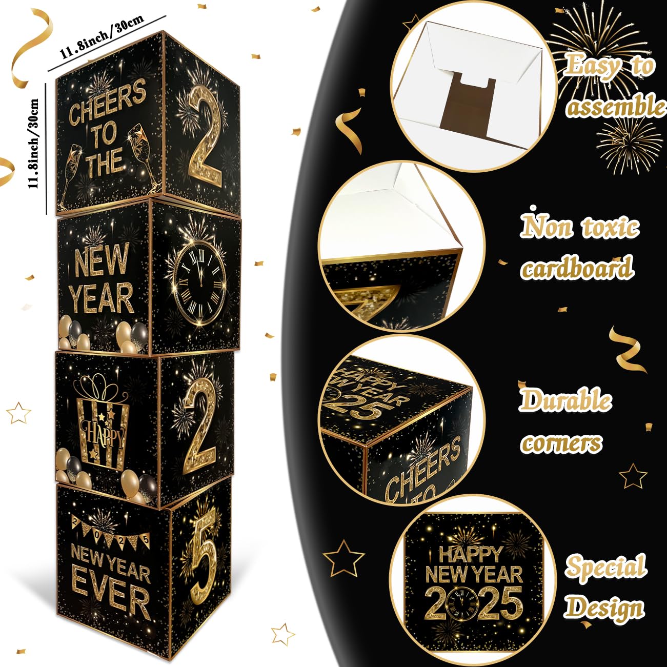 Happy New Year Decorations 2025 New Years Eve Party Supplies Black and Gold Balloon Boxes 2025 Cheers to the New Years Birthday Party Decor Backdrop