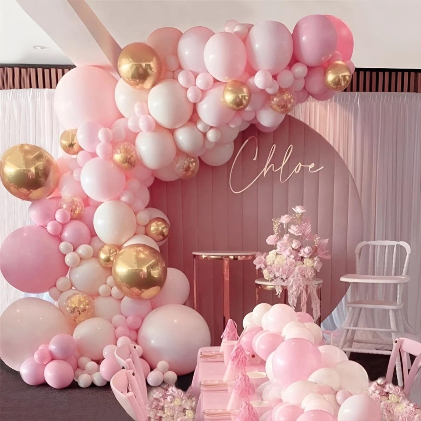 PartyWoo Pink and White Balloon Arch Kit Garland 140 pcs Different Sizes of 18 12 10 5 Inch Light Pastel Pink Metallic Gold Confetti and White Balloons for Baby Shower Birthday Party Decorations