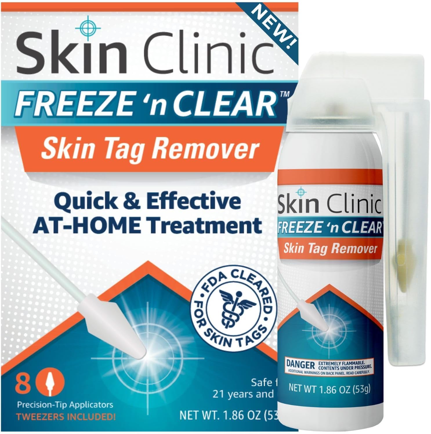 Skin Clinic FREEZE 'n CLEAR SkinTAG Remover (FDA-Cleared) at Home Cryo Kit (As Little As 1 Treatment) 8 Applicators + Tweezers