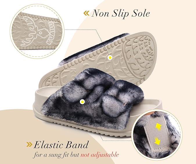KuaiLu Women's Fluff Slippers Black White, Plantar Fasciitis Arch Support Platform Slippers Ladies Fashion Open Toe Faux Fur Sliders House Slipper