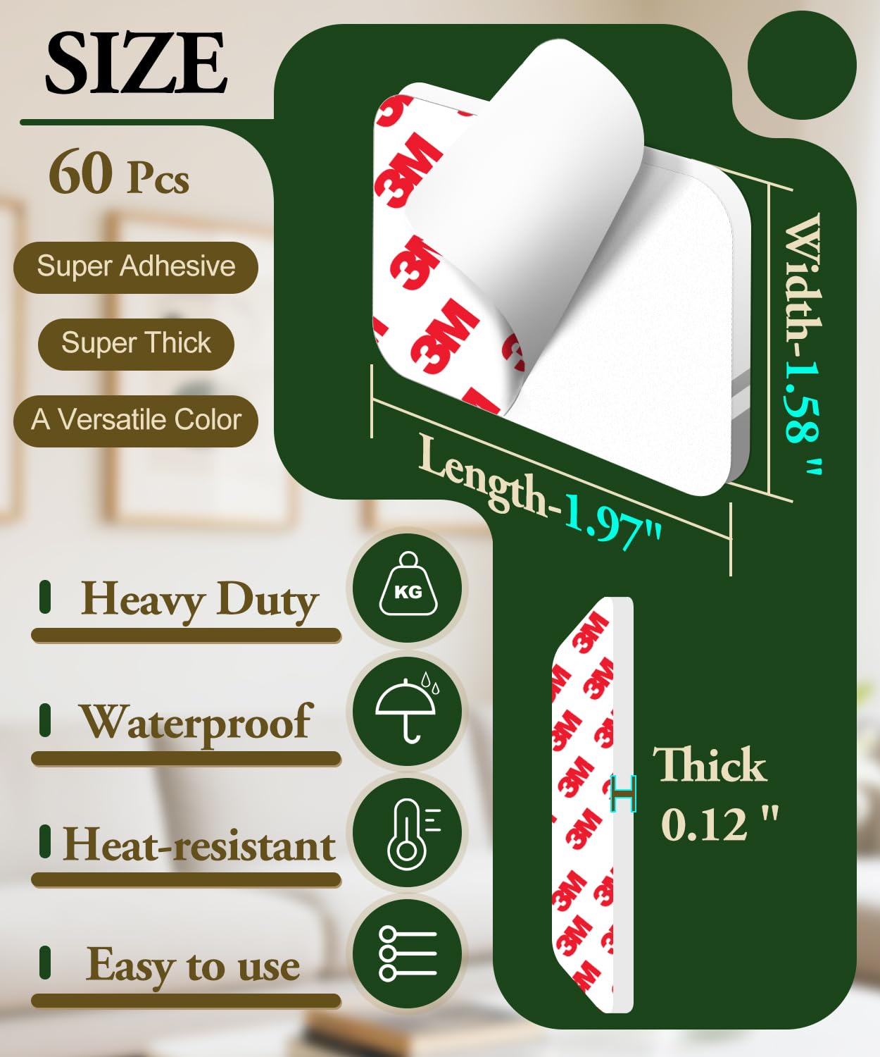 PHIXBEAR 60 Pcs Double Sided Tape Heavy Duty, Made of 3M, High-Adhesive Pads - White 1.57"x1.97" Automotive Adhesive Pads, Heat-Resistant, Waterproof, Outdoor & Indoor Decoration