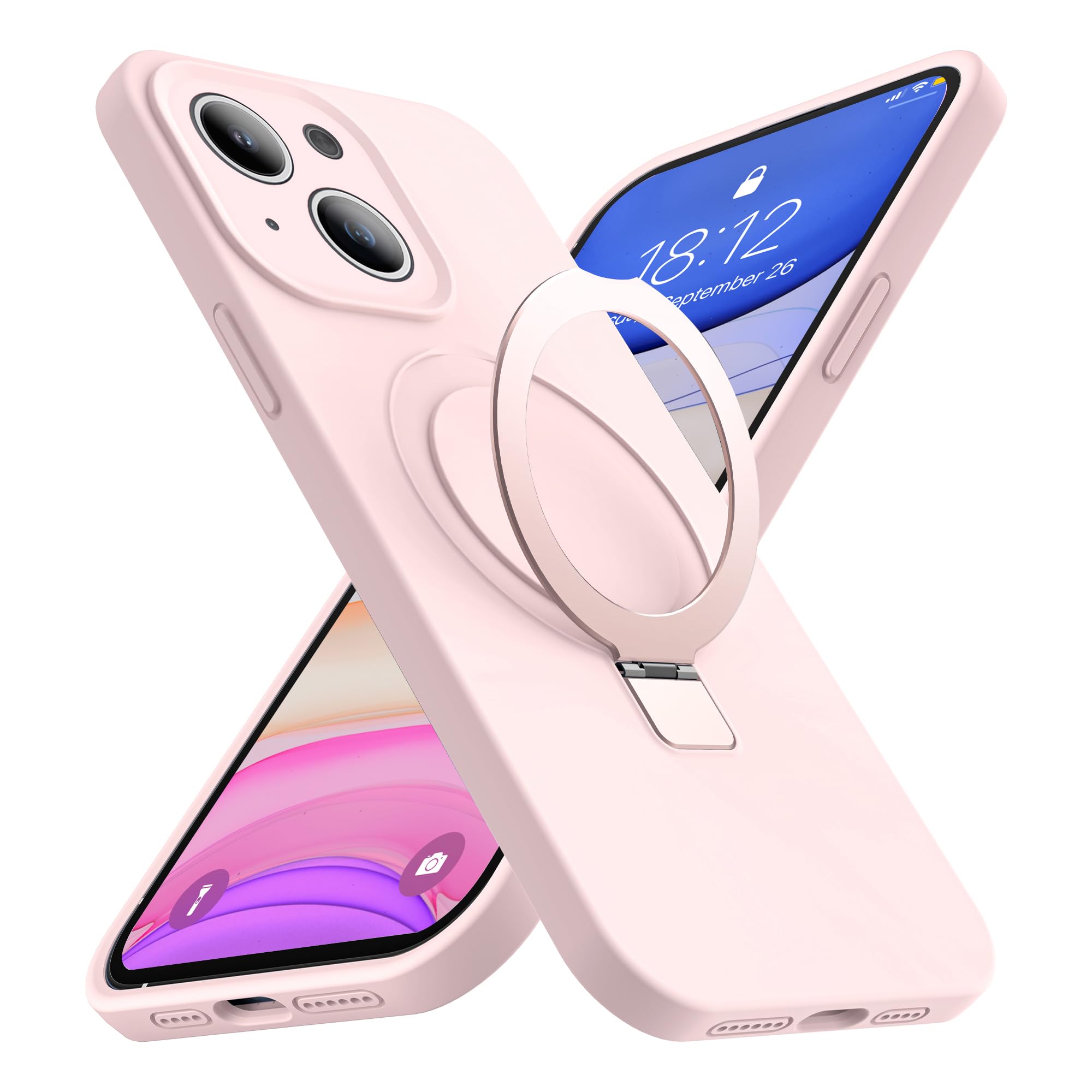 XIQI for Silicone iPhone 13 Case & iPhone 14 Case with [3 in 1] Magnetic Ring Stand, iPhone 13 & 14 Phone Case 6.1" for Women Men [Compatible with MagSafe][Excellent Grip Feeling], Pink