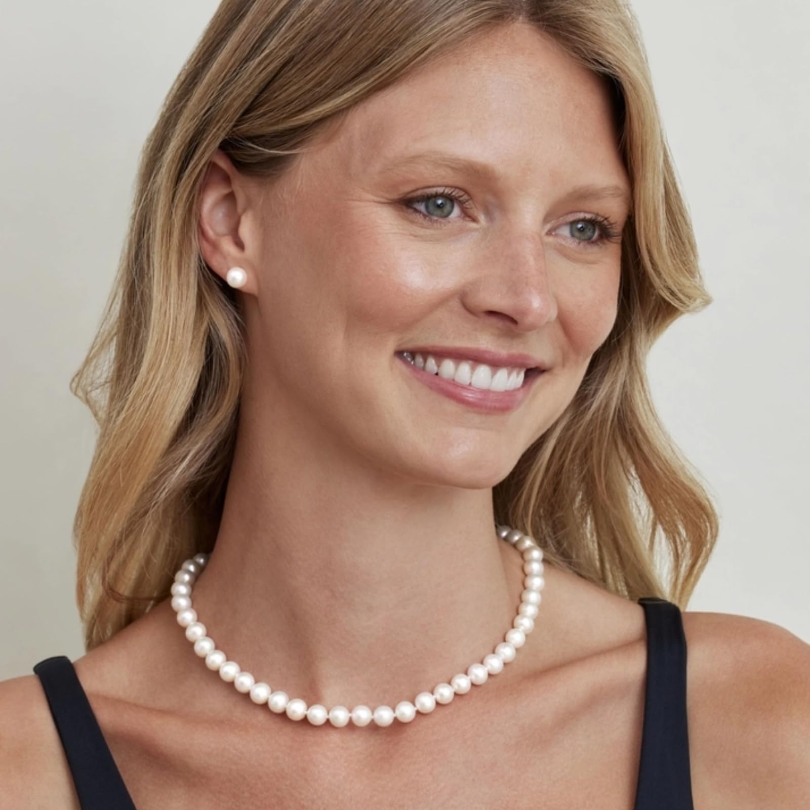 The Pearl Source Real Pearl Necklace & Earrings for Women with 8.5-9.5mm AAAA Quality Round White Freshwater Genuine Cultured Pearl Strand Set with 14K Gold Clasp & Matching Stud Earrings