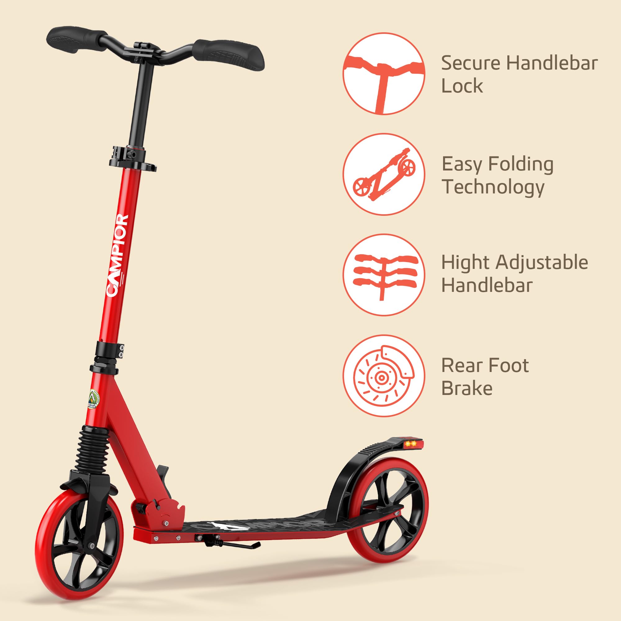 Campior Kick Scooter for Ages 6+, for Kids, Teens, and Adults, Max Load 240 LBS, Foldable, 8-inch Big Wheels for Kids and Adults, with Kickstand, 3 Adjustable Levels, Child Safety Approved, Red