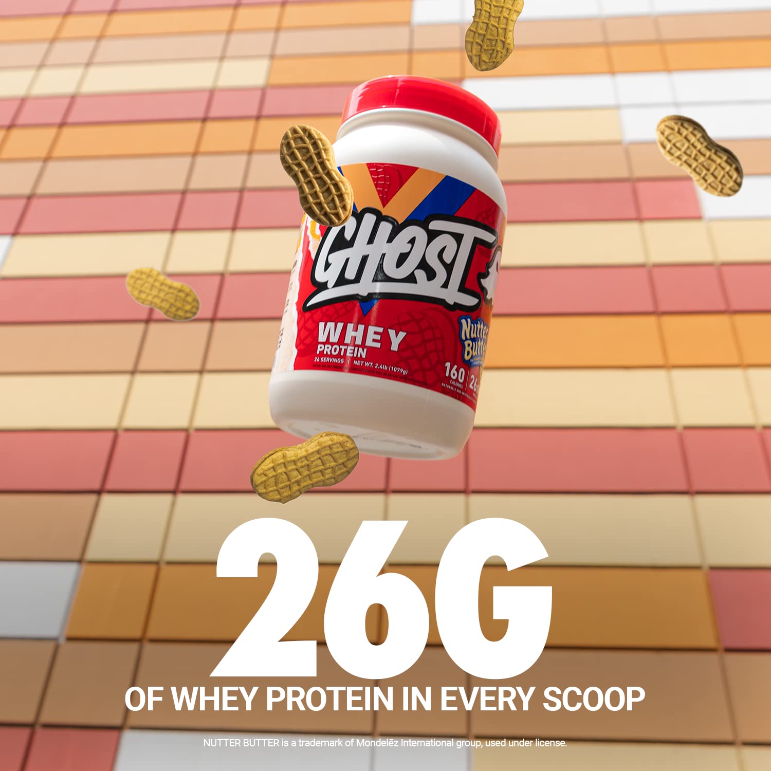 GHOST Whey Protein Powder, Nutter Butter - 2.4LB Tub, 26G of Protein - Peanut Butter Cookie Flavored Isolate, Concentrate & Hydrolyzed Whey Protein Blend