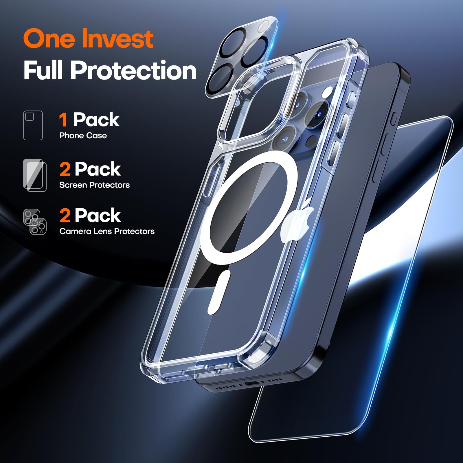 TAURI 5 in 1 Magnetic for iPhone 15 Pro Case Clear, [Designed for Magsafe] with 2X Screen Protector +2X Camera Lens Protector, [Not-Yellowing] Slim Shockproof Case for iPhone 15 Pro