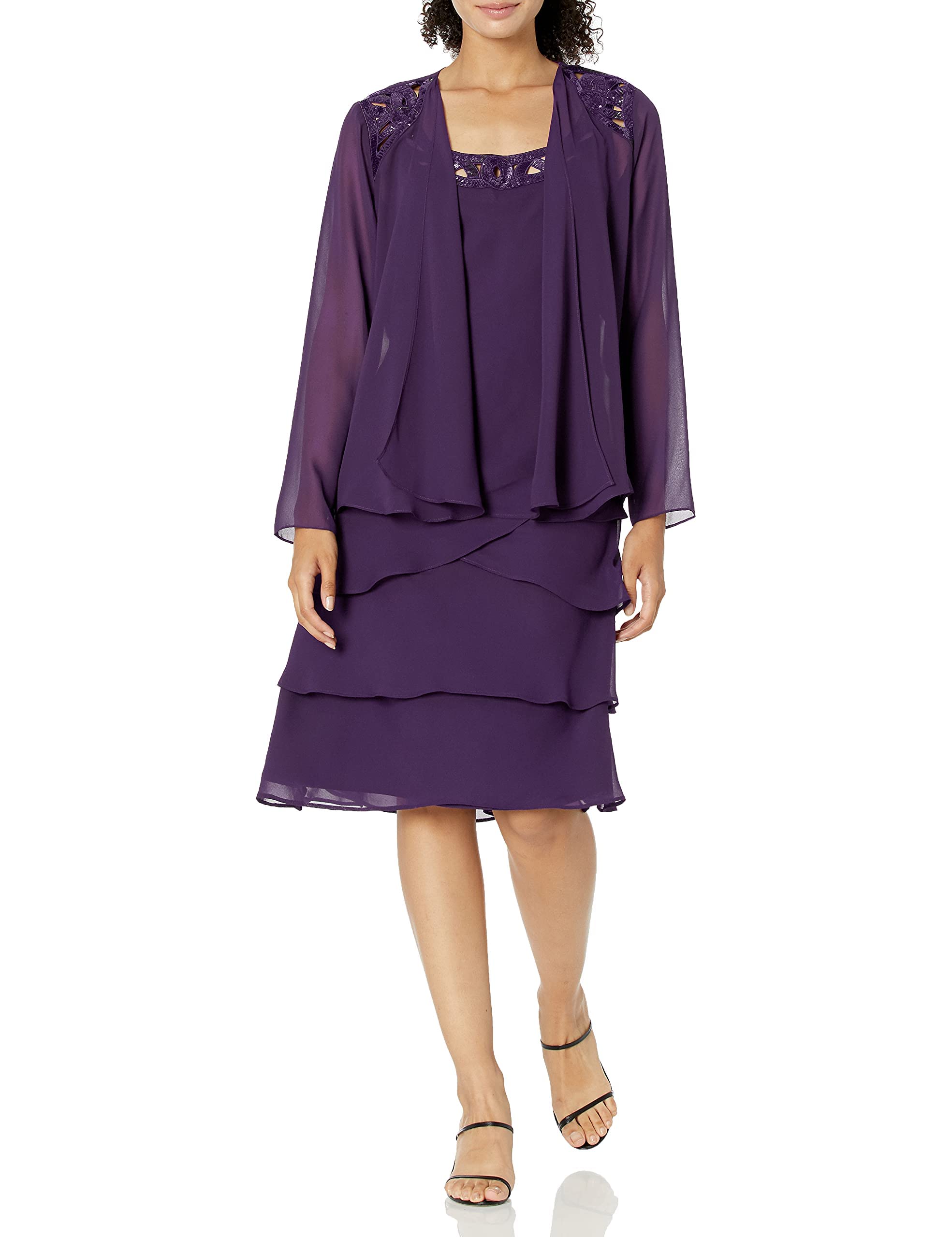 S.L. Fashions Women's Petite Mother of The Bride Jacket Dress with Embellished Shoulder, Lavender Frost, 14P
